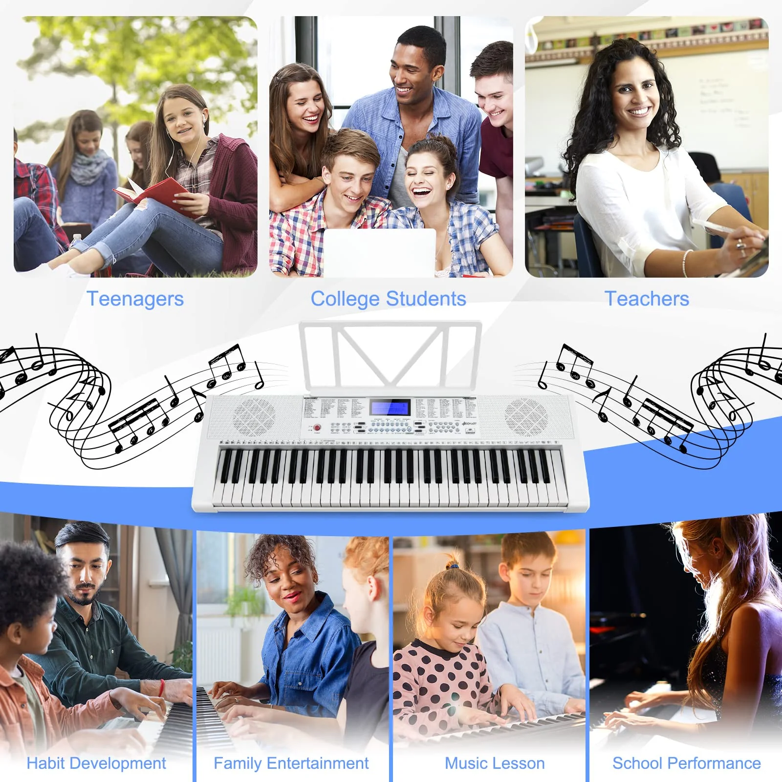 HONEY JOY 61 Key Piano Keyboard, Portable Electronic Keyboard Piano with Lighted Keys, LCD Screen, Headphones (White) - Image 9
