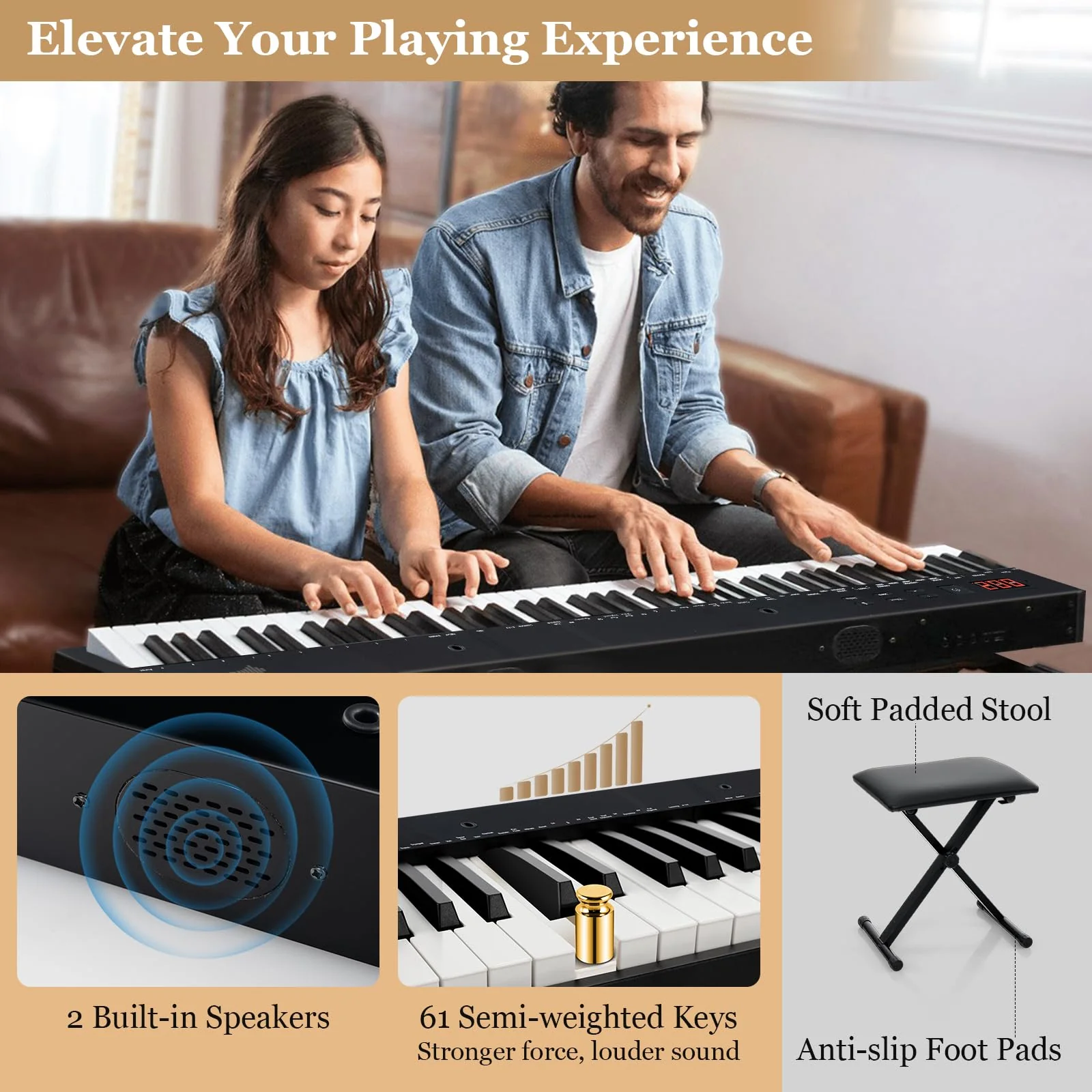 HONEY JOY 61-Key Portable Electronic Keyboard Piano w/Stand & Stool - Image 8