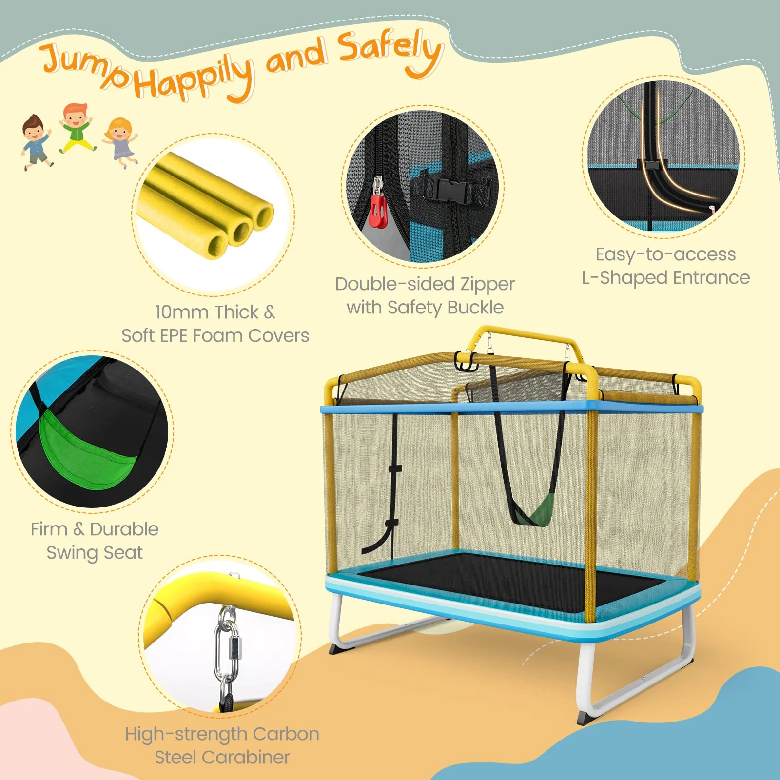 HONEY JOY 6FT Kids Trampoline, 3-in-1 Trampoline w/Swing & Horizontal Bar, Rectangle Toddler Trampoline - Image 3
