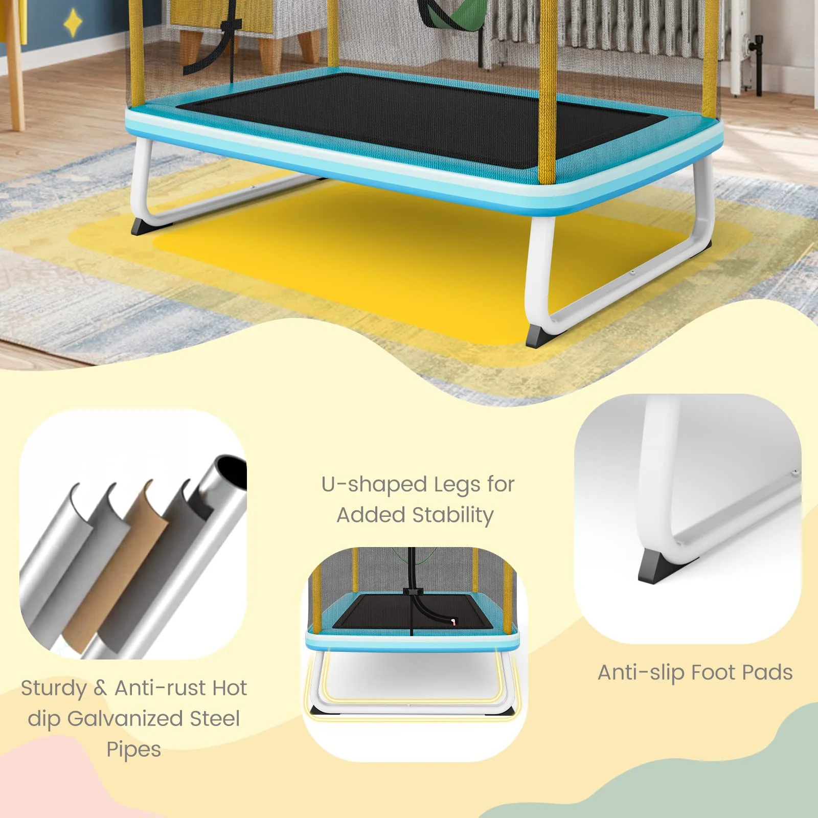 HONEY JOY 6FT Kids Trampoline, 3-in-1 Trampoline w/Swing & Horizontal Bar, Rectangle Toddler Trampoline - Image 4