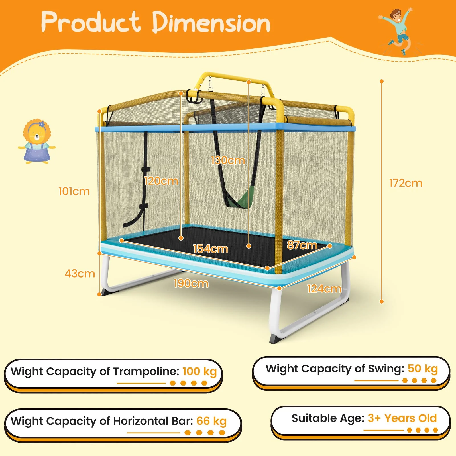HONEY JOY 6FT Kids Trampoline, 3-in-1 Trampoline w/Swing & Horizontal Bar, Rectangle Toddler Trampoline - Image 6