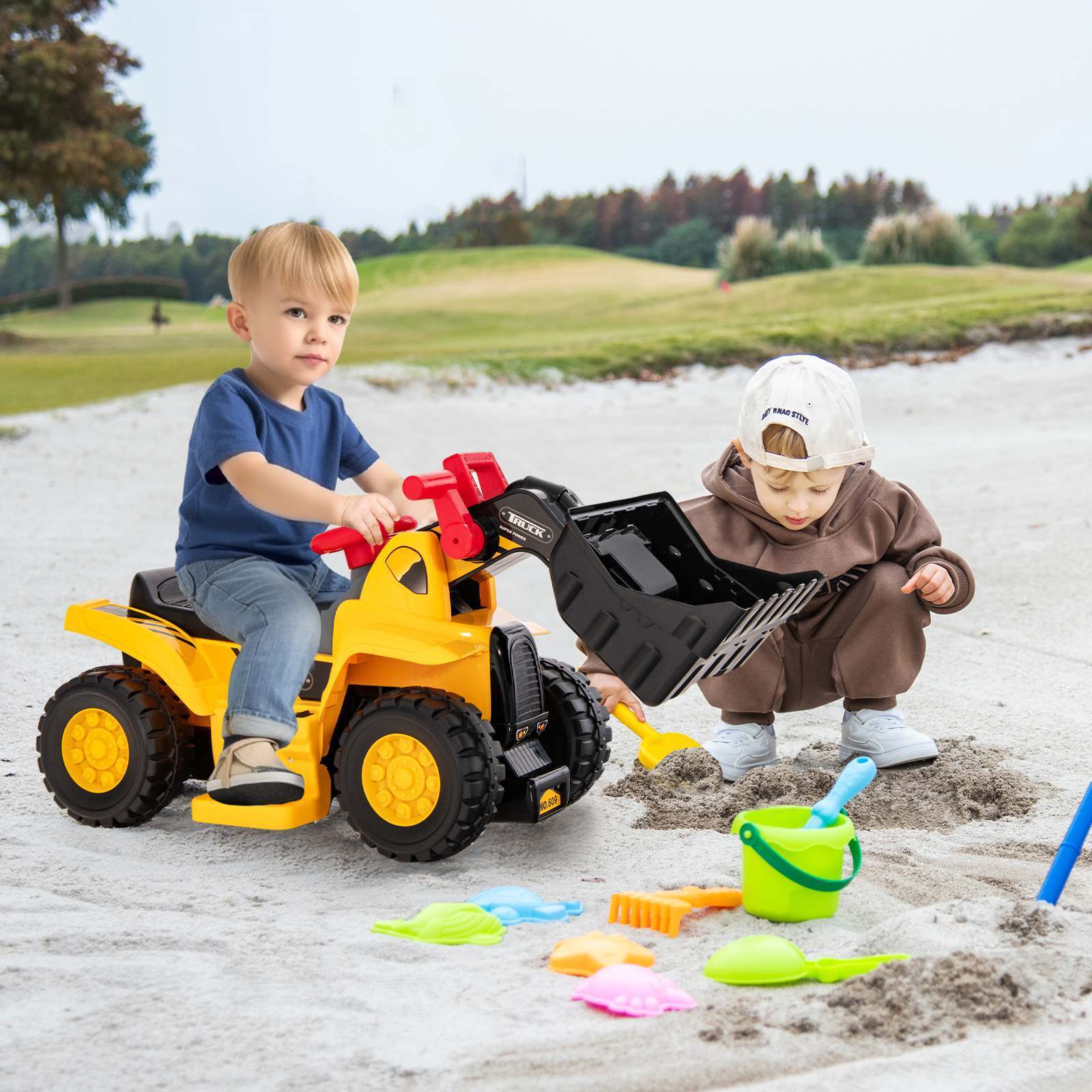 HONEY JOY 6V Kids Ride On Excavator Electric Vehicle with Basketball Hoop - Image 10