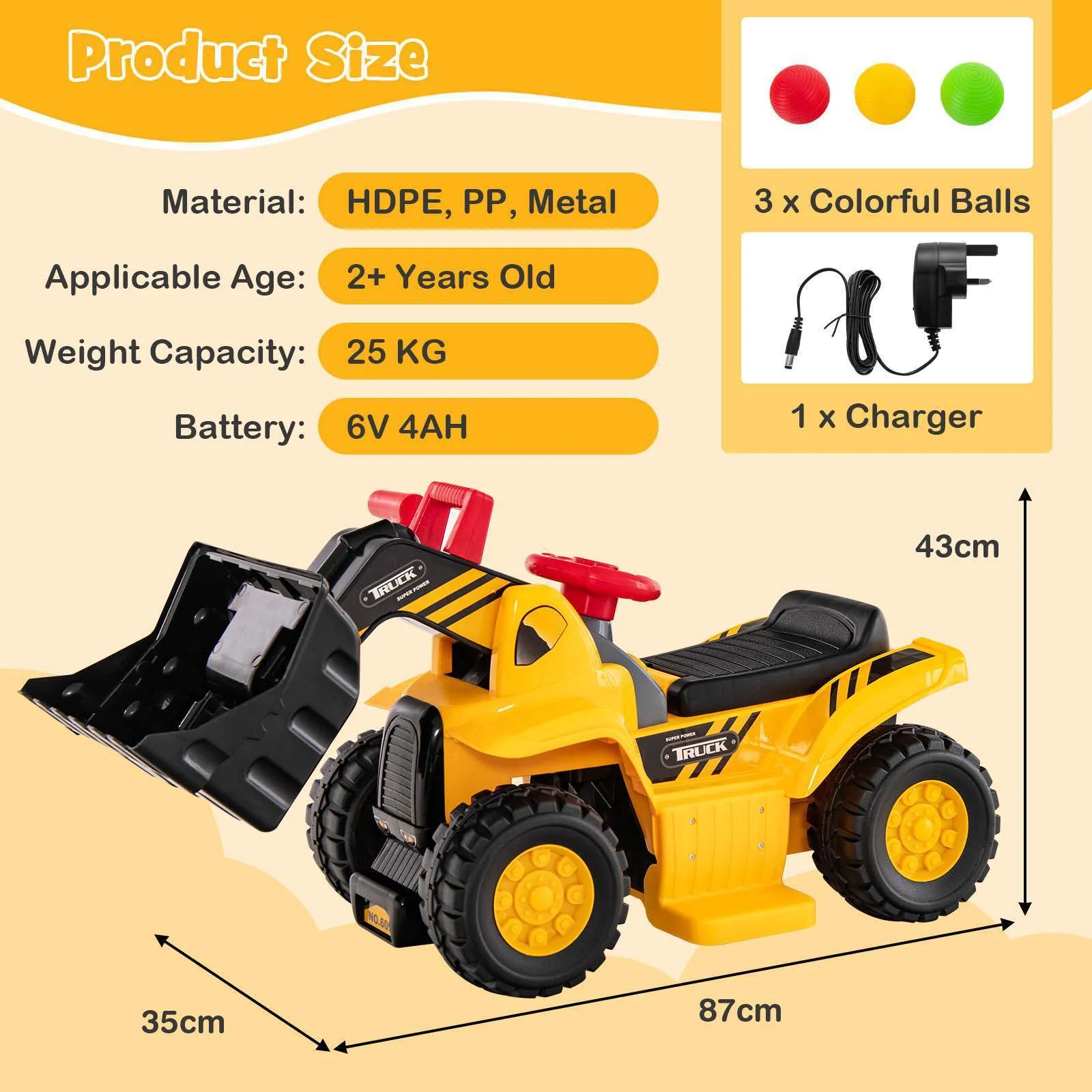 HONEY JOY 6V Kids Ride On Excavator Electric Vehicle with Basketball Hoop - Image 6