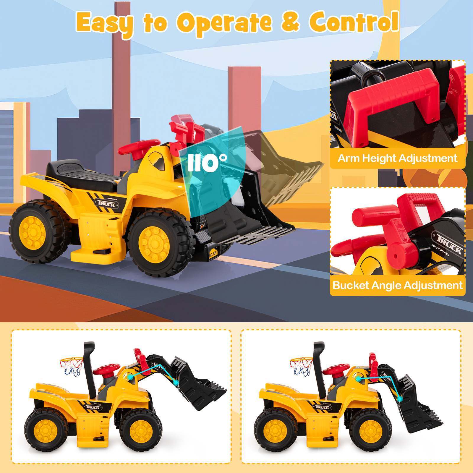 HONEY JOY 6V Kids Ride On Excavator Electric Vehicle with Basketball Hoop - Image 7