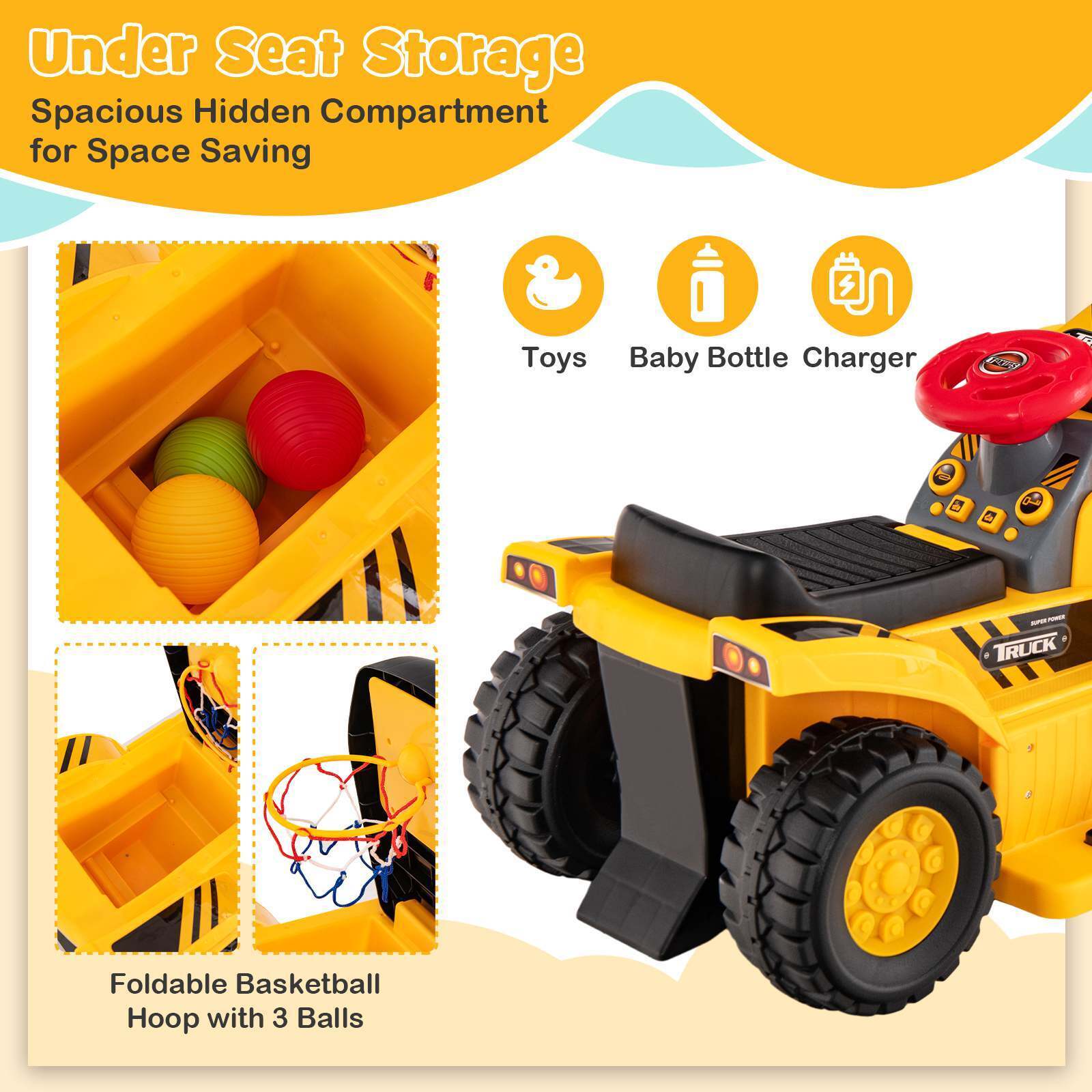 HONEY JOY 6V Kids Ride On Excavator Electric Vehicle with Basketball Hoop - Image 8