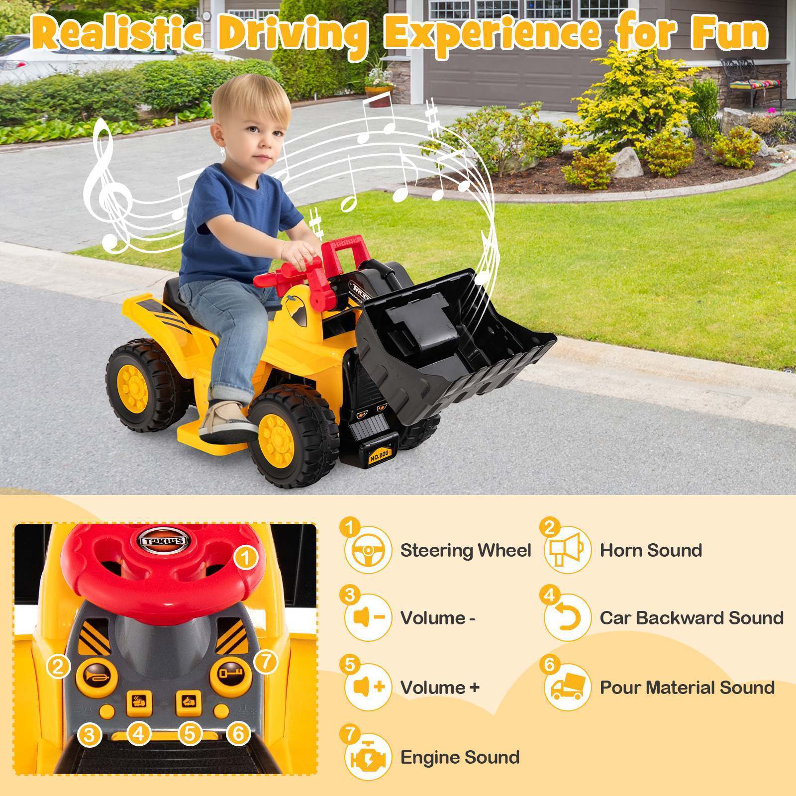 HONEY JOY 6V Kids Ride On Excavator Electric Vehicle with Basketball Hoop - Image 9