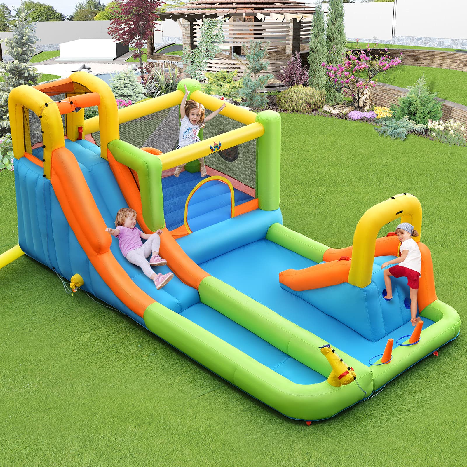 HONEY JOY 8 in 1 Inflatable Water Slide, Water Park w/Double Slides, Basketball Hoop, Water Gun - Image 10