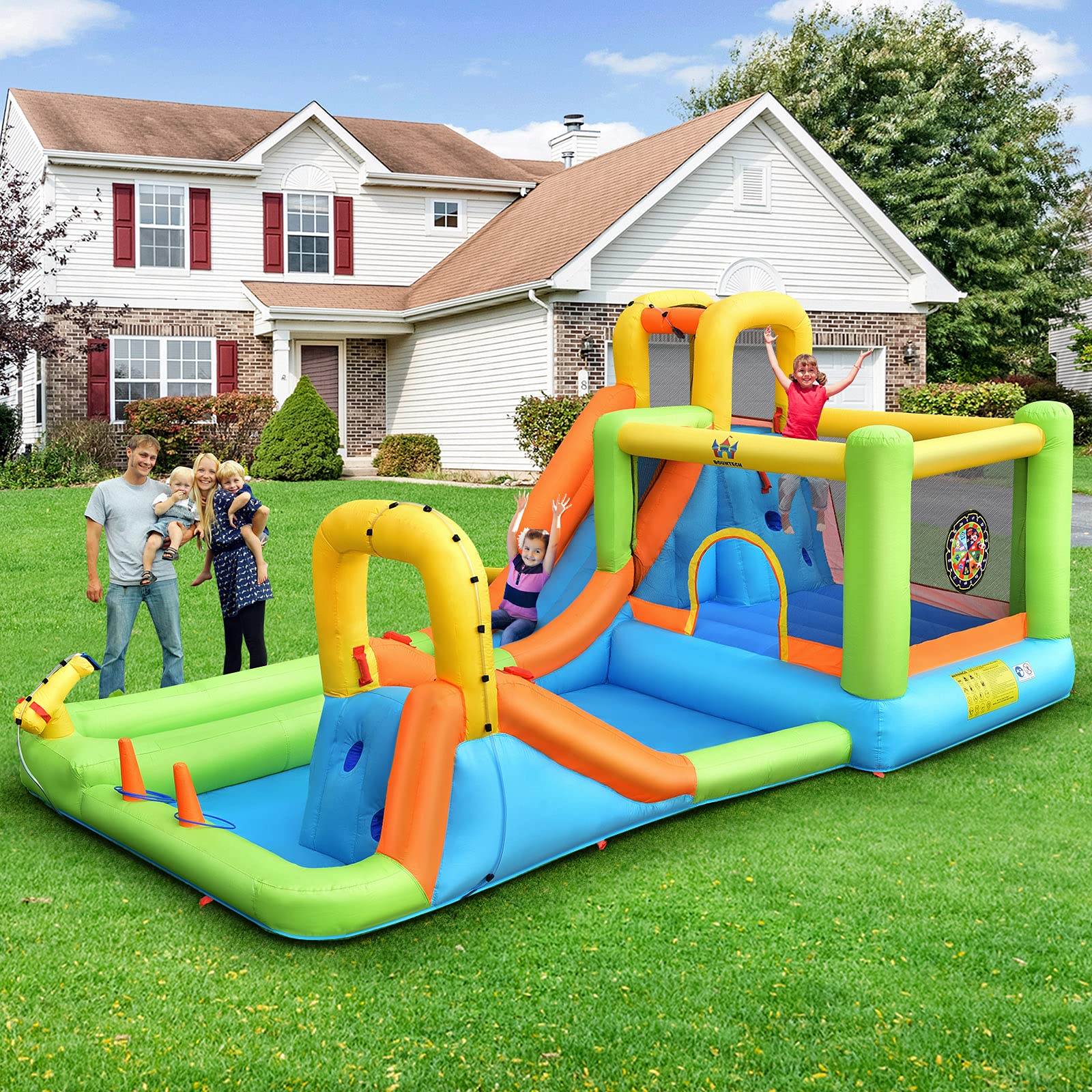 HONEY JOY 8 in 1 Inflatable Water Slide, Water Park w/Double Slides, Basketball Hoop, Water Gun - Image 2