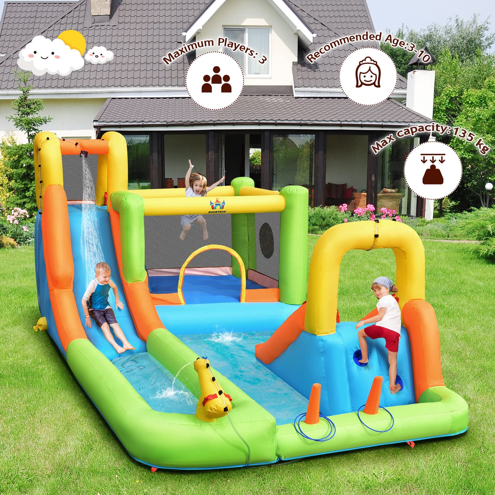 HONEY JOY 8 in 1 Inflatable Water Slide, Water Park w/Double Slides, Basketball Hoop, Water Gun - Image 3