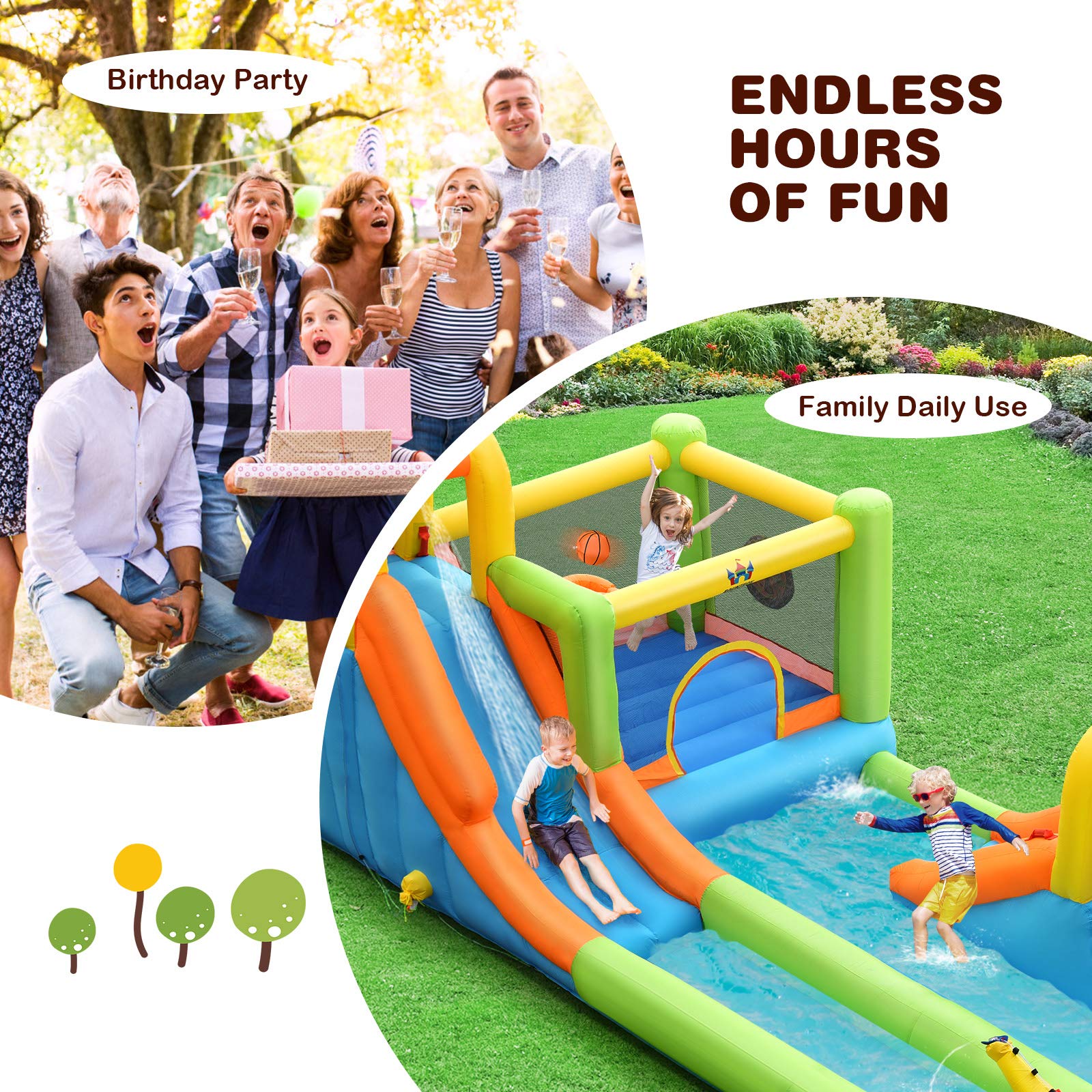 HONEY JOY 8 in 1 Inflatable Water Slide, Water Park w/Double Slides, Basketball Hoop, Water Gun - Image 4