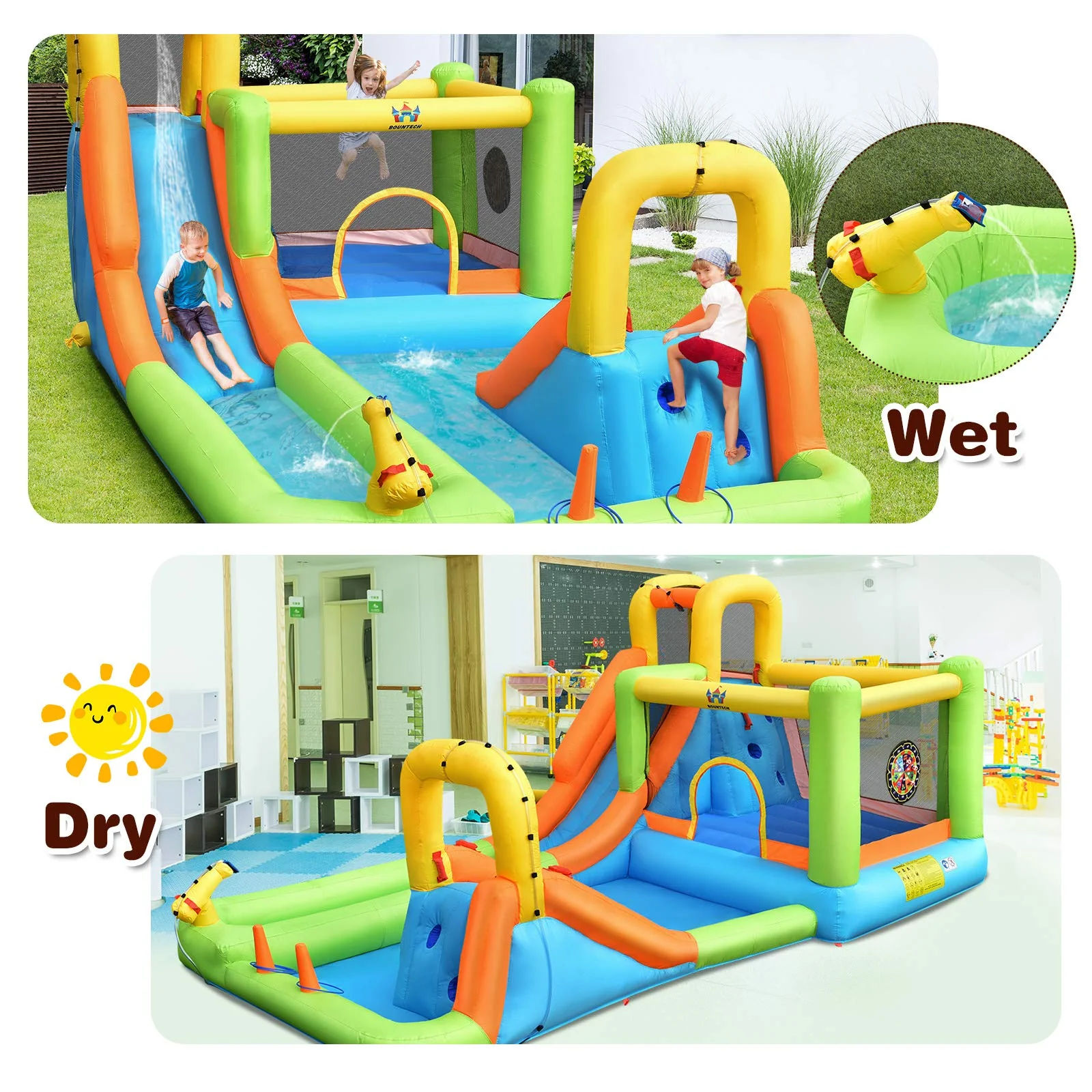 HONEY JOY 8 in 1 Inflatable Water Slide, Water Park w/Double Slides, Basketball Hoop, Water Gun - Image 6