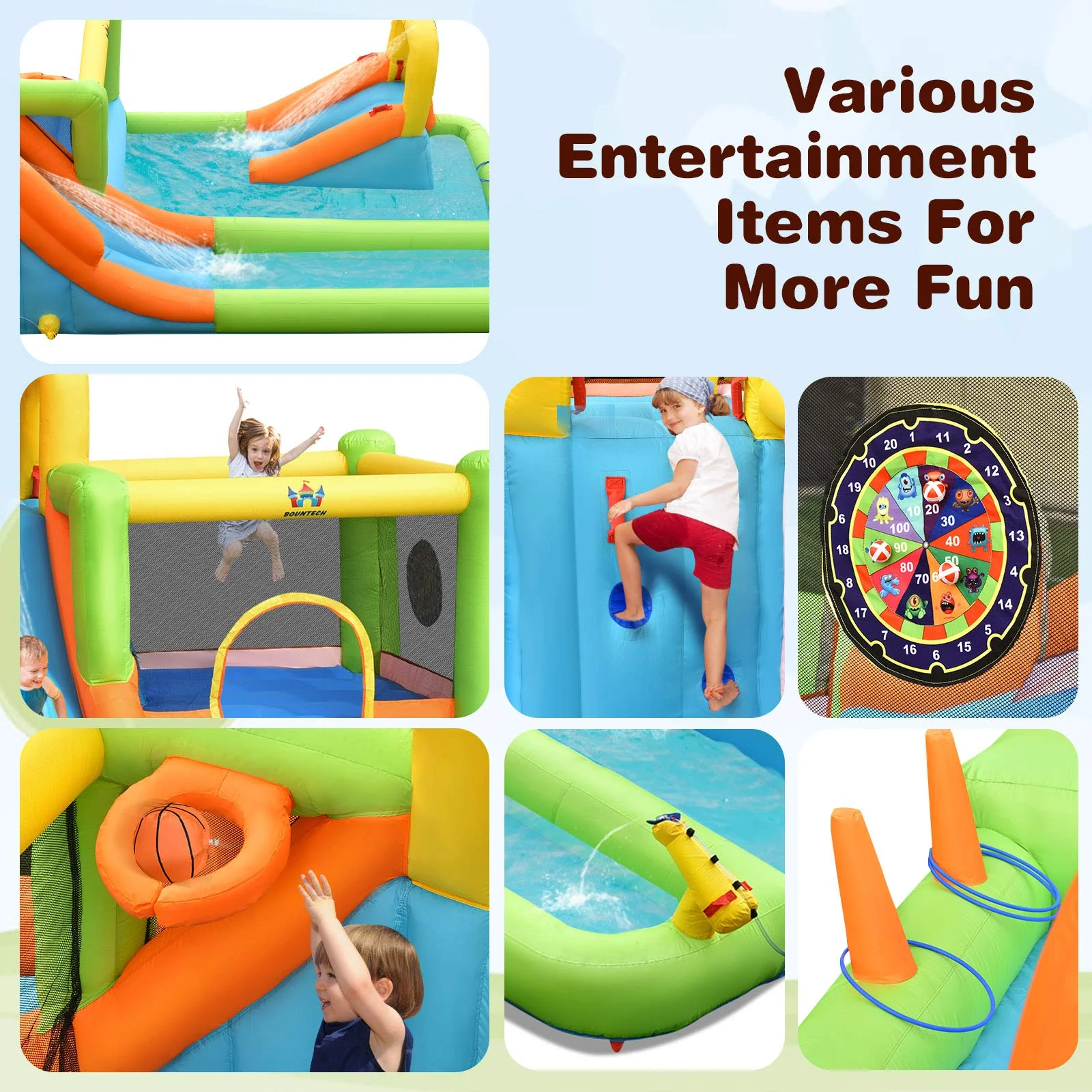 HONEY JOY 8 in 1 Inflatable Water Slide, Water Park w/Double Slides, Basketball Hoop, Water Gun - Image 7