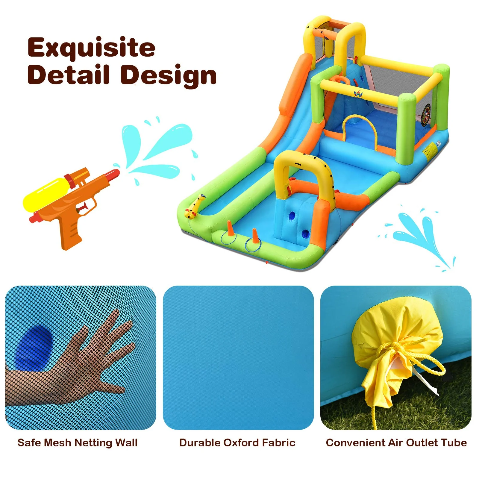 HONEY JOY 8 in 1 Inflatable Water Slide, Water Park w/Double Slides, Basketball Hoop, Water Gun - Image 8