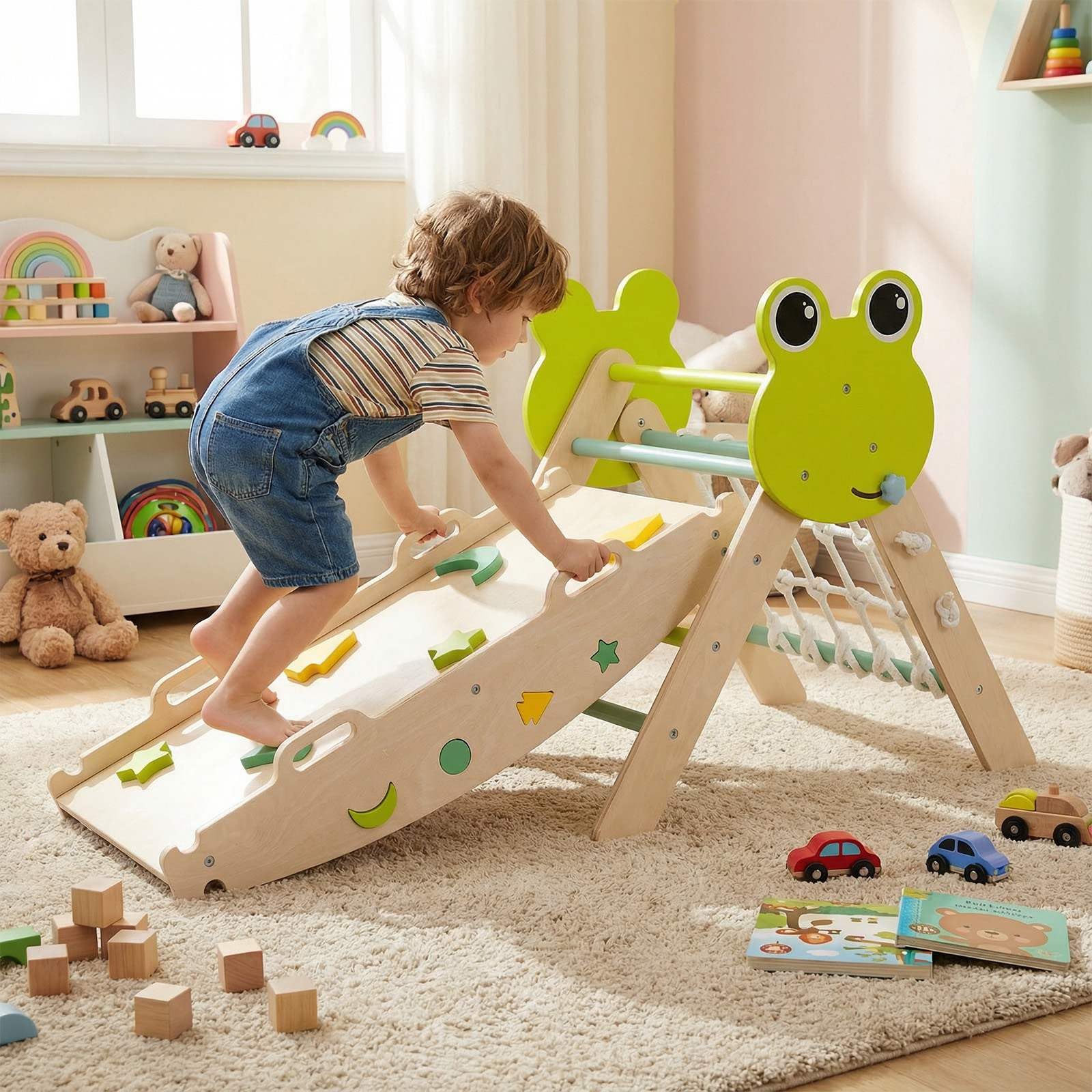 HONEY JOY 8-in-1 Wooden Triangle Set, Foldable Montessori Climbing Toys - Image 2