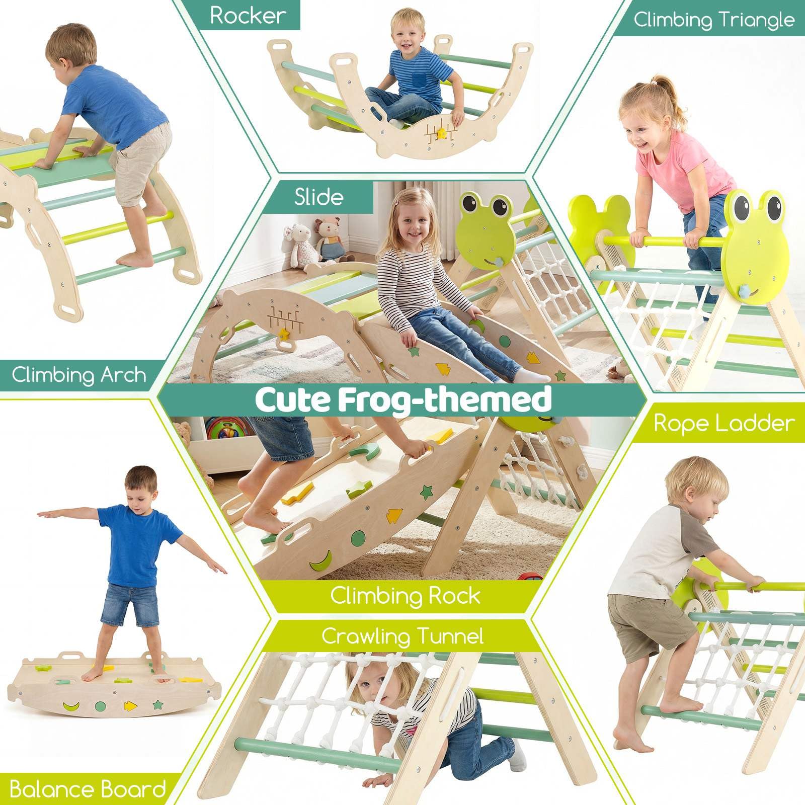 HONEY JOY 8-in-1 Wooden Triangle Set, Foldable Montessori Climbing Toys - Image 5
