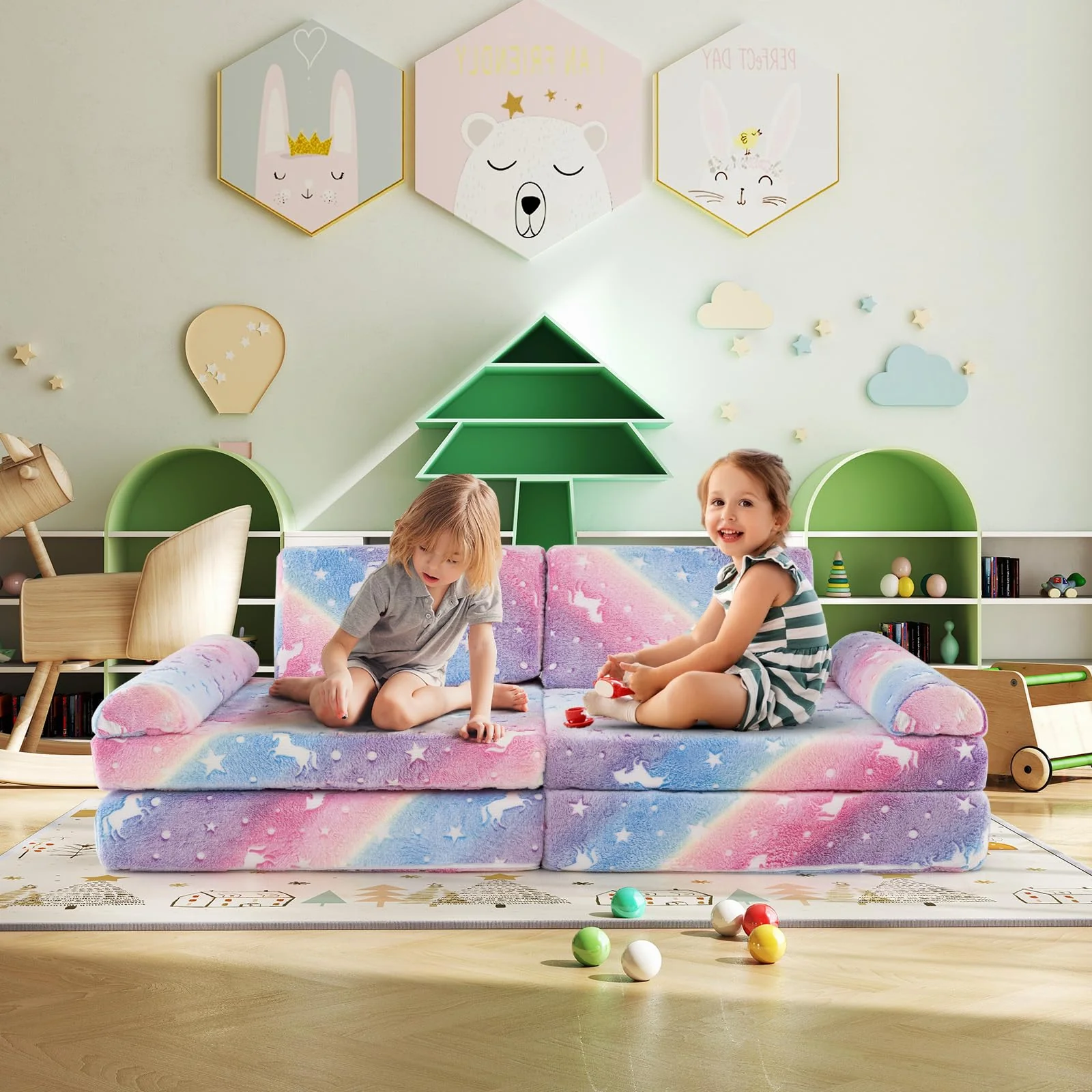 HONEY JOY 8 PCS Modular Kids Play Couch, Glow in The Dark Toddler Sectional Sofa - Image 2