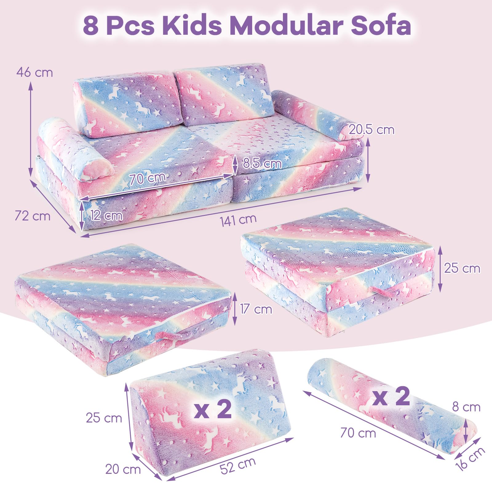 HONEY JOY 8 PCS Modular Kids Play Couch, Glow in The Dark Toddler Sectional Sofa - Image 3
