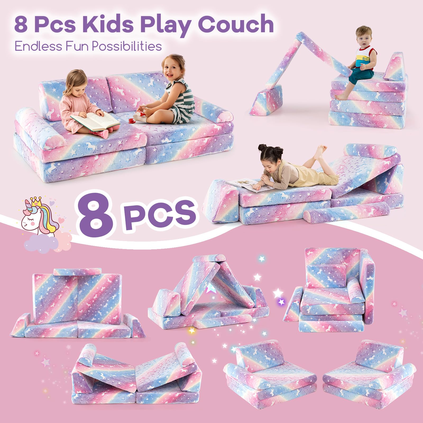 HONEY JOY 8 PCS Modular Kids Play Couch, Glow in The Dark Toddler Sectional Sofa - Image 5