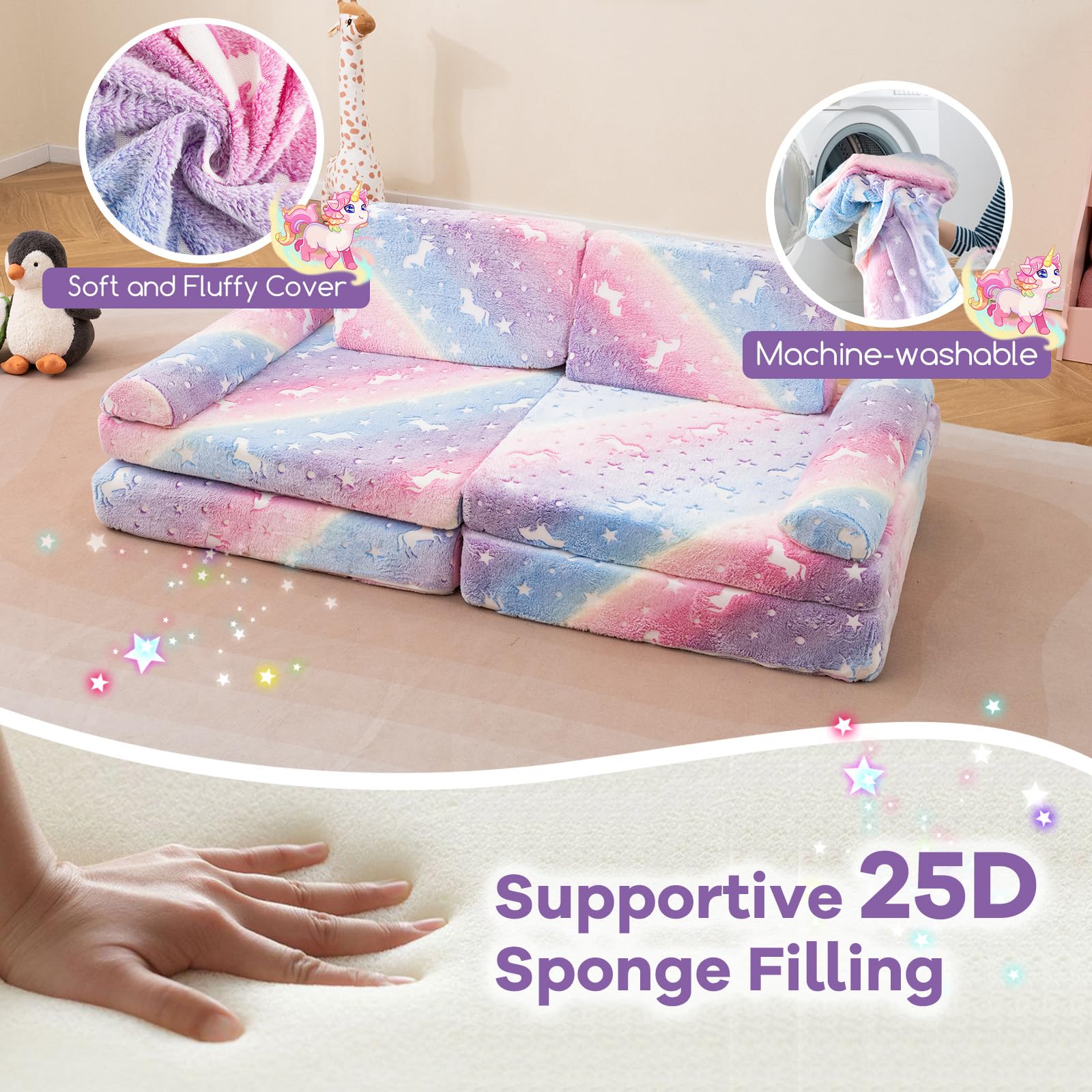 HONEY JOY 8 PCS Modular Kids Play Couch, Glow in The Dark Toddler Sectional Sofa - Image 7