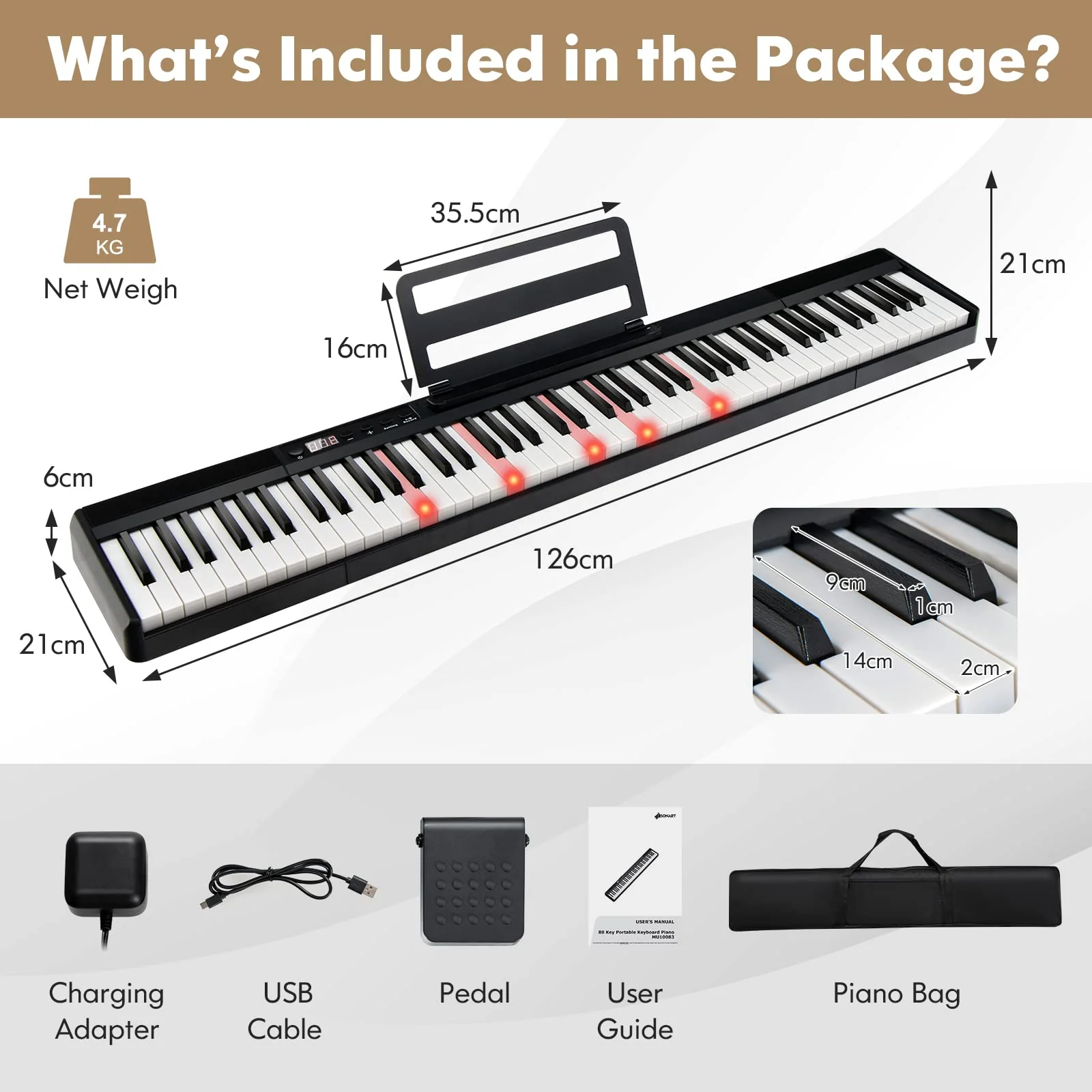HONEY JOY 88 Key Piano Keyboard, Full Size Semi-Weighted Keyboard, Portable Electric Piano w/Lighted Keys - Image 6