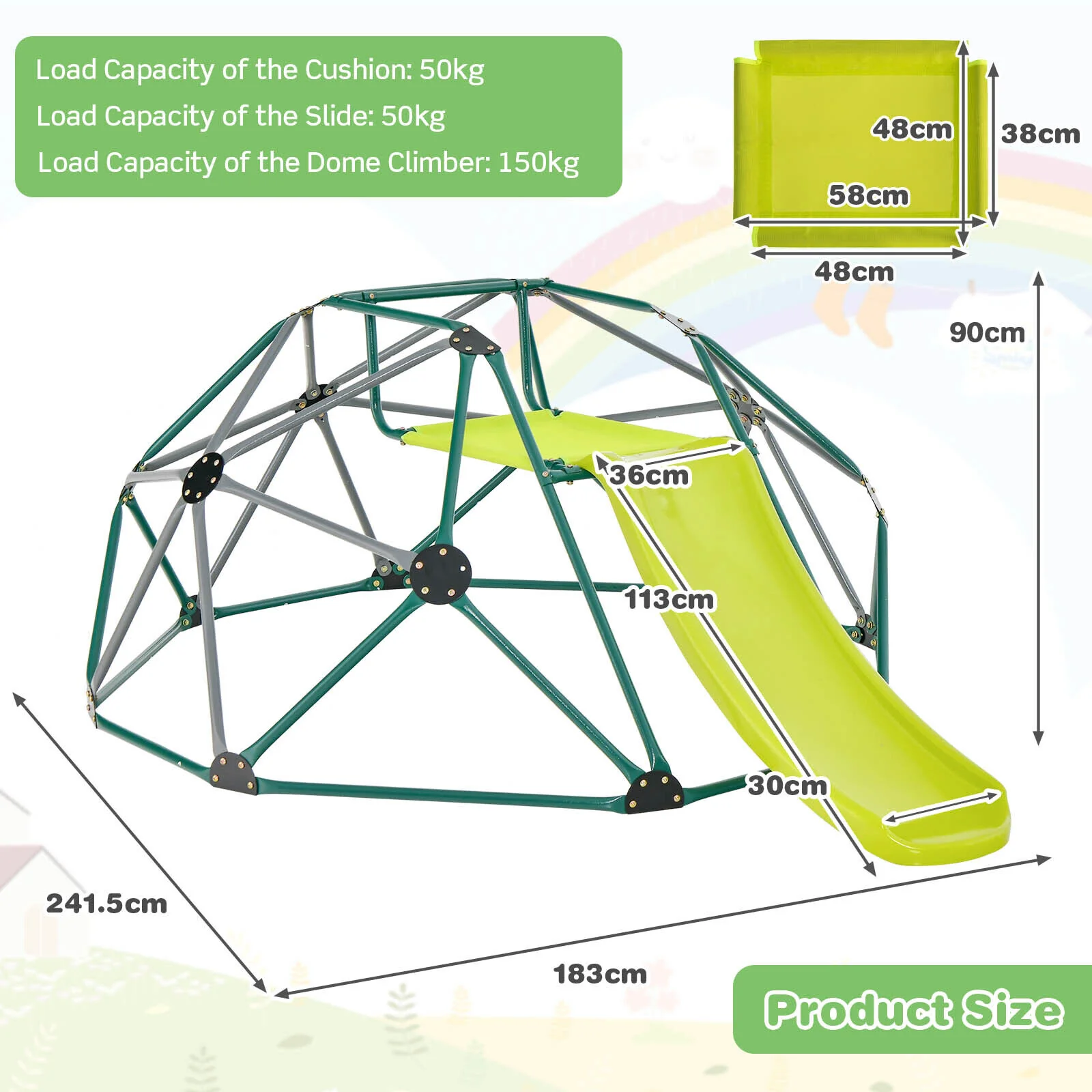 HONEY JOY 8FT Kids Climbing Dome & Play Set w/Slide Child Playground Max. 150KG - Image 3