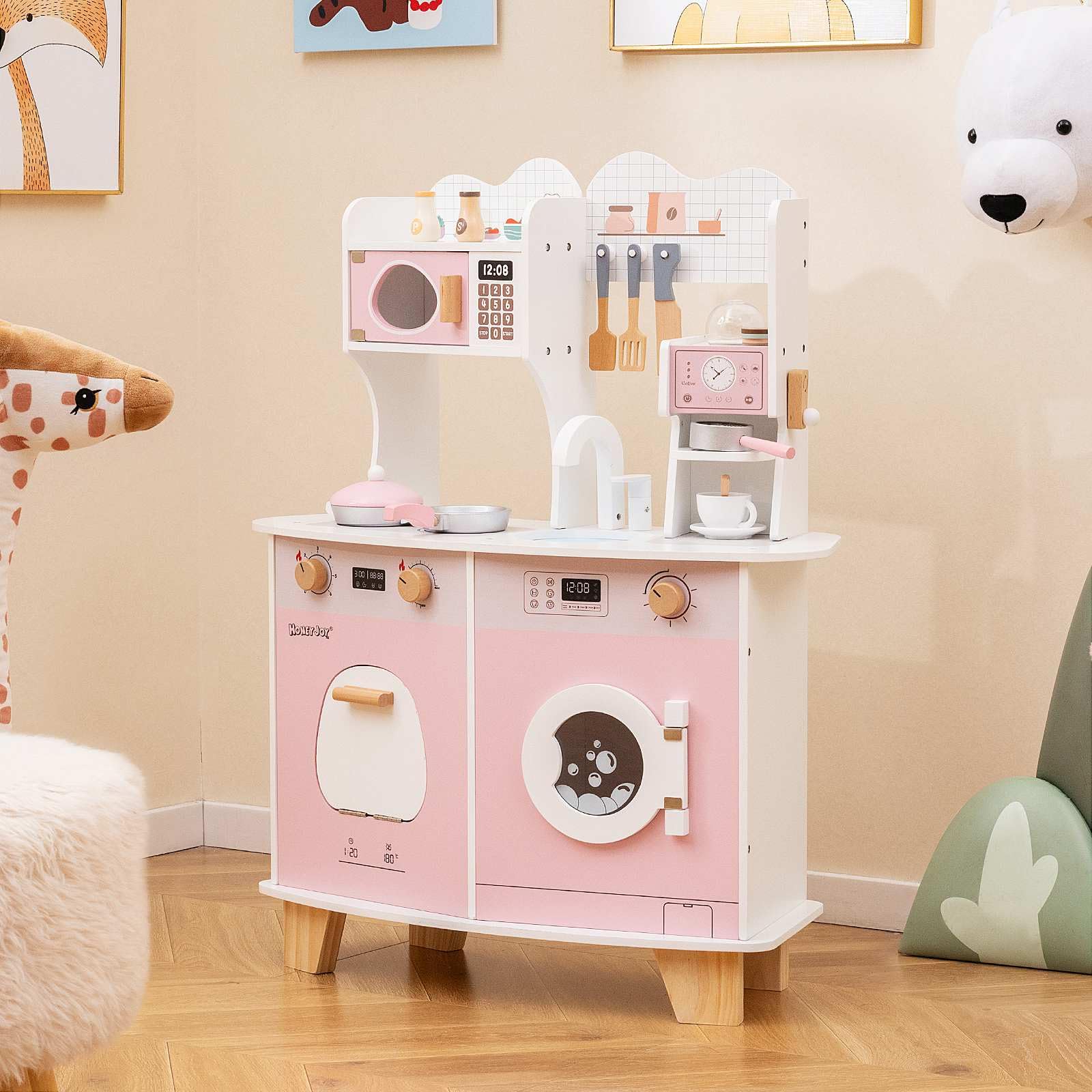 HONEY JOY All-in-1 Wooden Kids Kitchen Playset, Pretend Play Kitchen w/Coffee Maker - Image 2