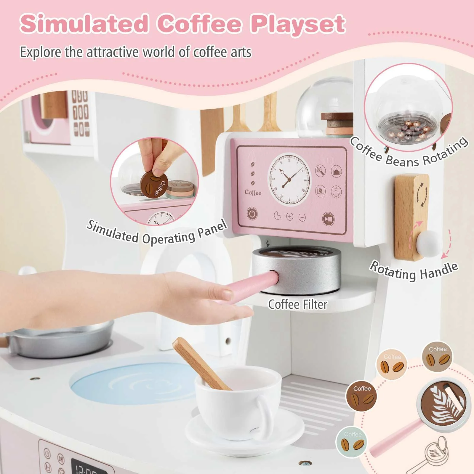 HONEY JOY All-in-1 Wooden Kids Kitchen Playset, Pretend Play Kitchen w/Coffee Maker - Image 3