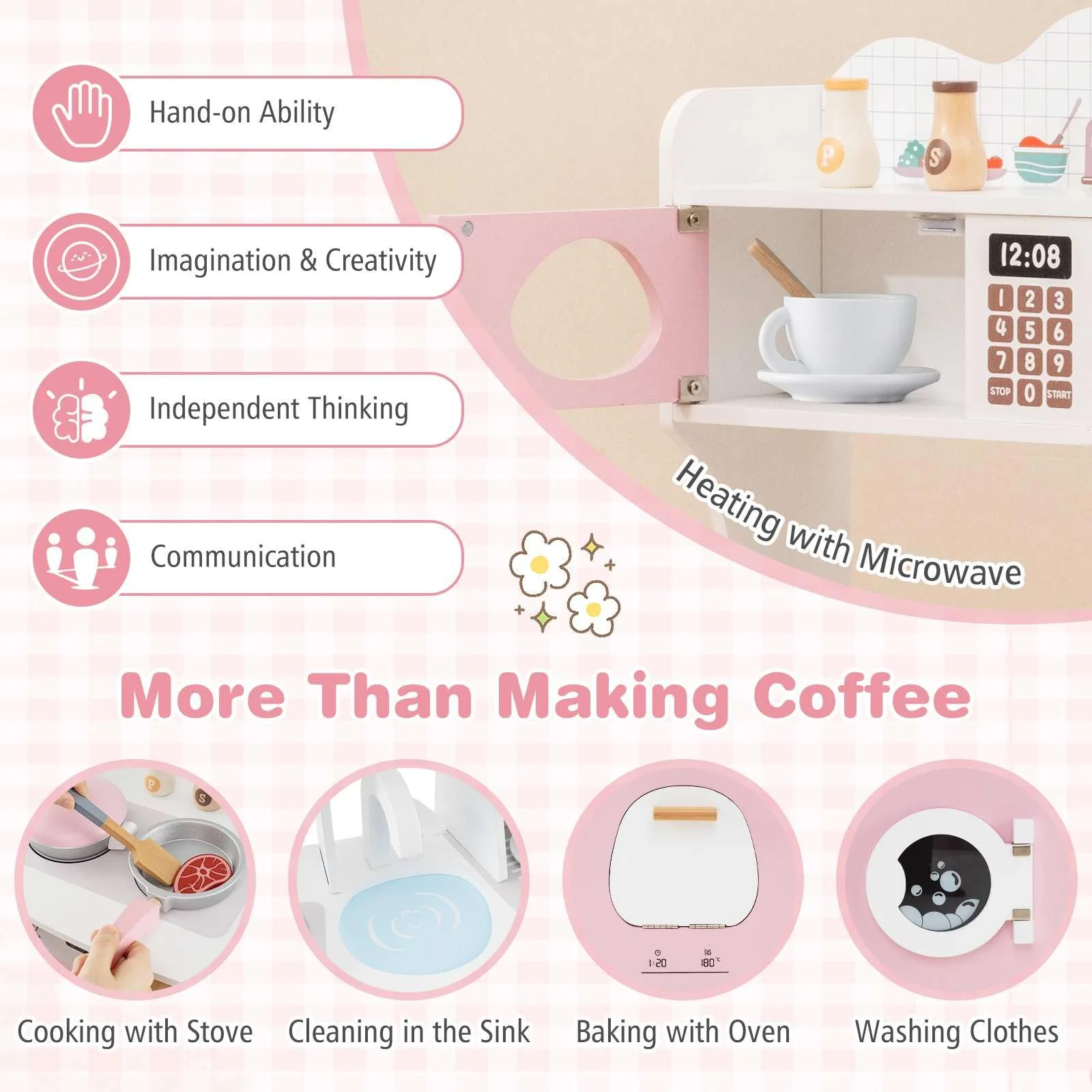 HONEY JOY All-in-1 Wooden Kids Kitchen Playset, Pretend Play Kitchen w/Coffee Maker - Image 4