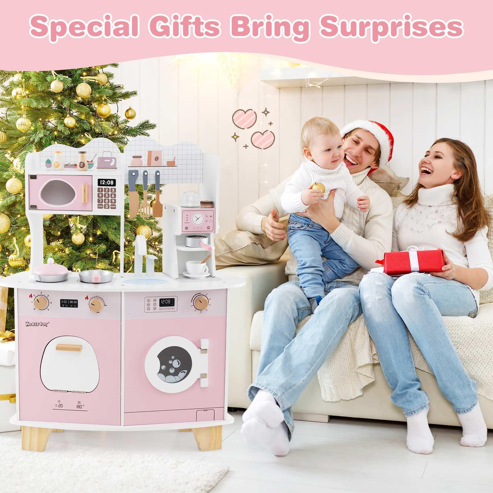 HONEY JOY All-in-1 Wooden Kids Kitchen Playset, Pretend Play Kitchen w/Coffee Maker - Image 6