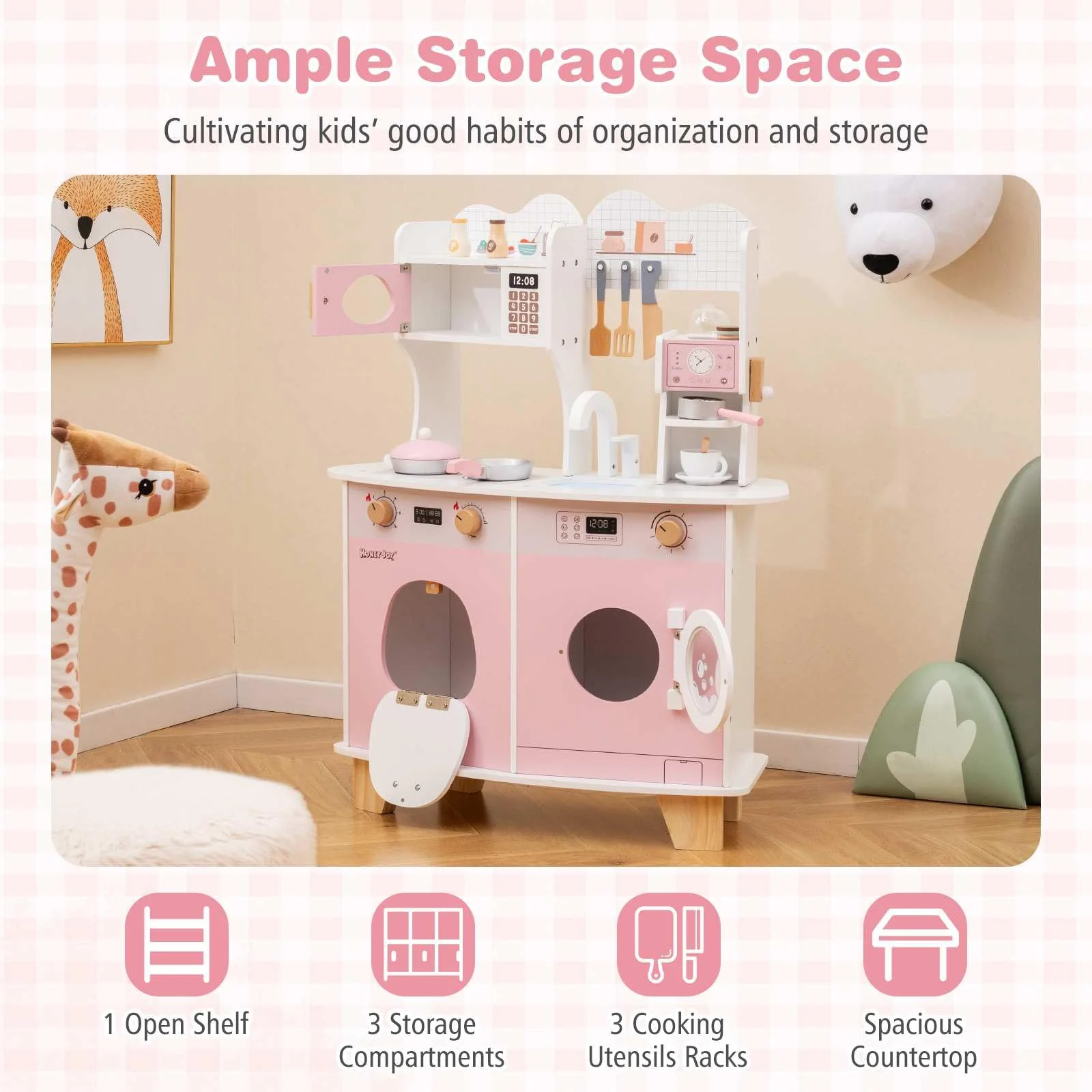 HONEY JOY All-in-1 Wooden Kids Kitchen Playset, Pretend Play Kitchen w/Coffee Maker - Image 8