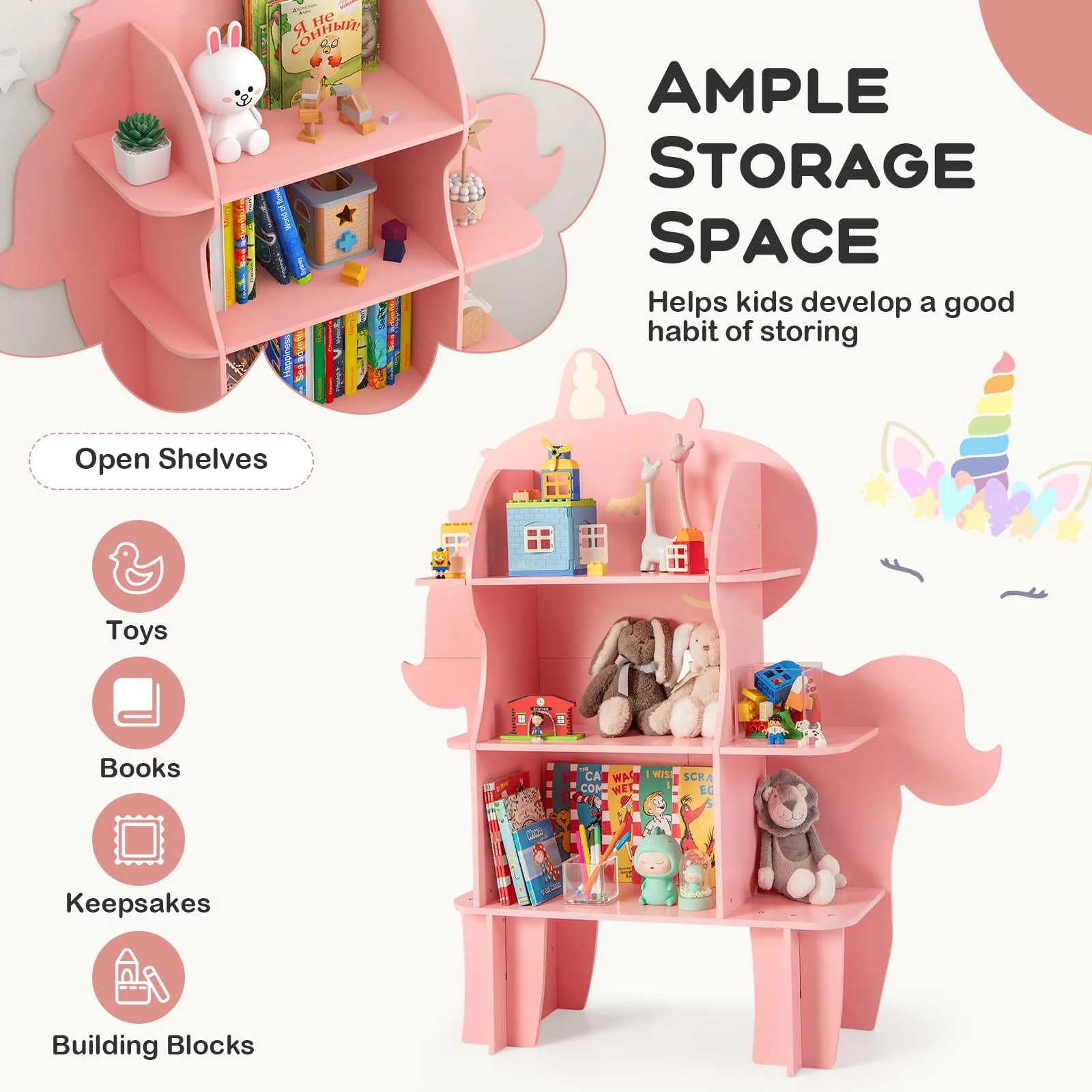 HONEY JOY Bookcase for Kids, 3-Tier Toy Storage Organizer with Open Storage Shelves - Image 5