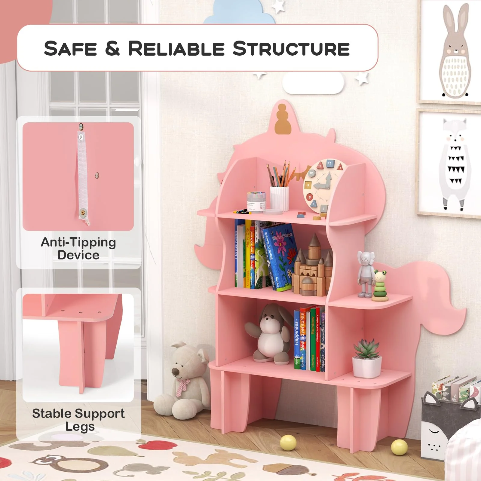HONEY JOY Bookcase for Kids, 3-Tier Toy Storage Organizer with Open Storage Shelves - Image 6