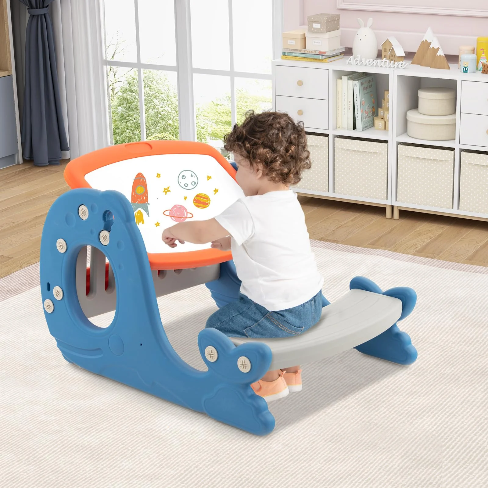 HONEY JOY Convertible Kids Activity Table Set, Multi-Functional Angle-Adjustable Toddler Easel w/Erasable Whiteboard, Whale Shape - Image 9