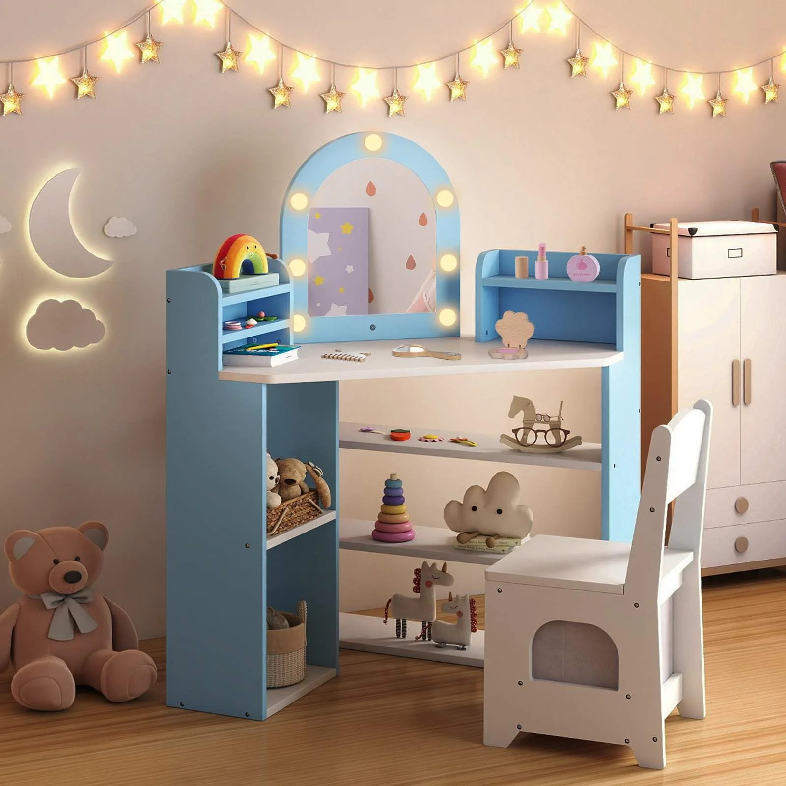 HONEY JOY Corner Kids Vanity with Lights, Princess Vanity Table & Chair Set - Image 2