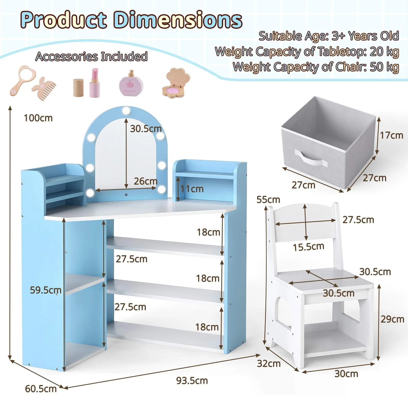 HONEY JOY Corner Kids Vanity with Lights, Princess Vanity Table & Chair Set - Image 3