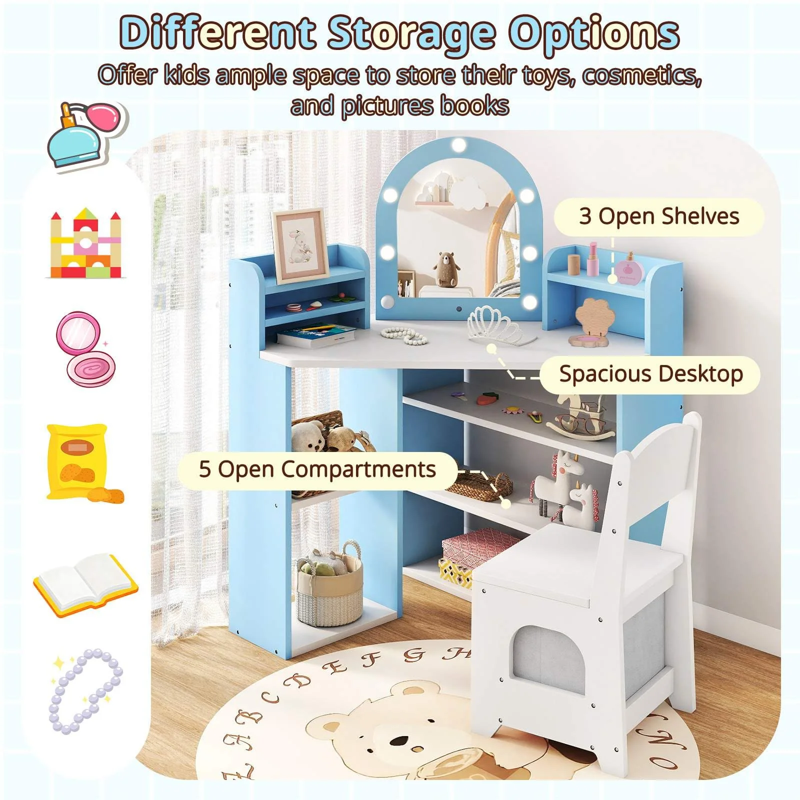 HONEY JOY Corner Kids Vanity with Lights, Princess Vanity Table & Chair Set - Image 5