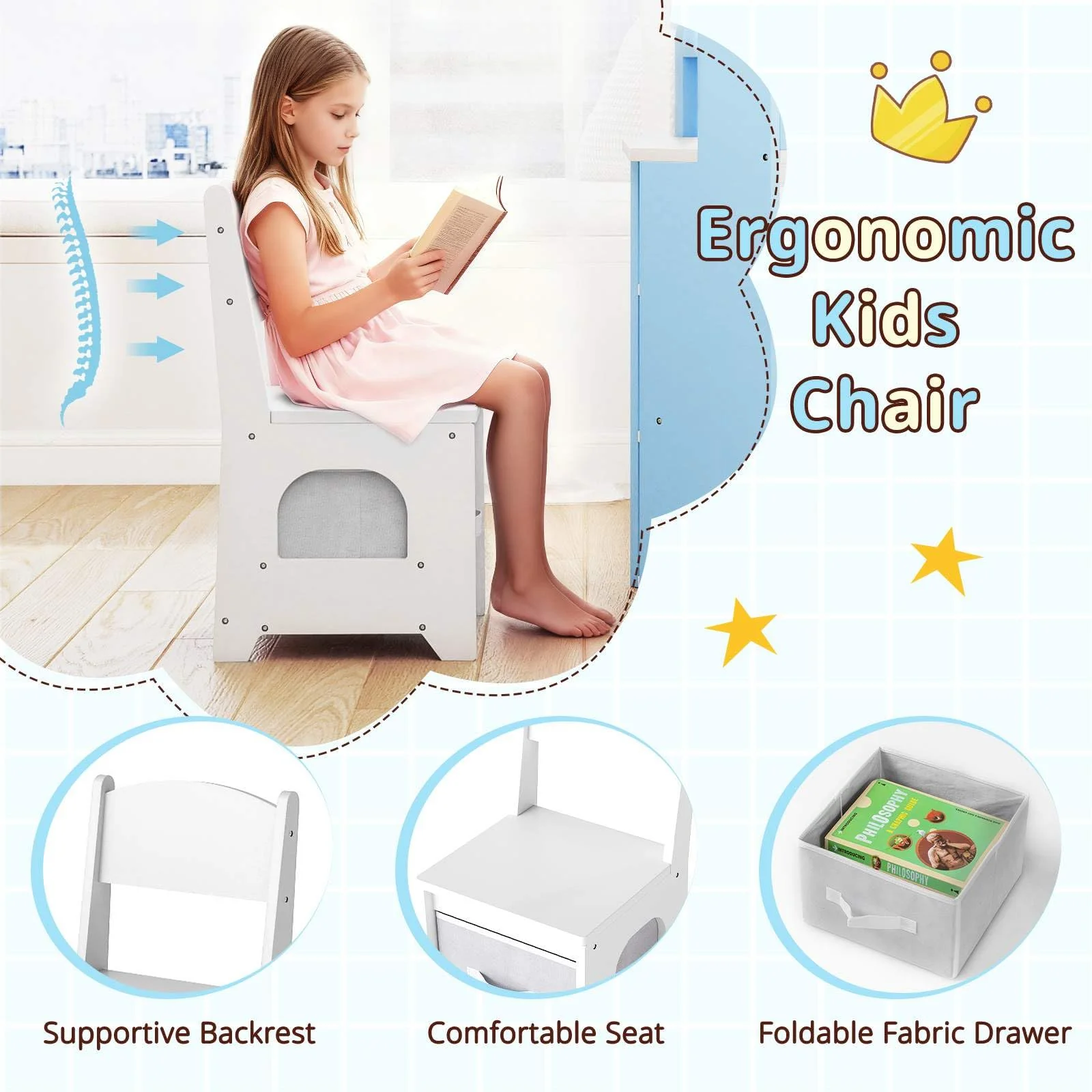 HONEY JOY Corner Kids Vanity with Lights, Princess Vanity Table & Chair Set - Image 6
