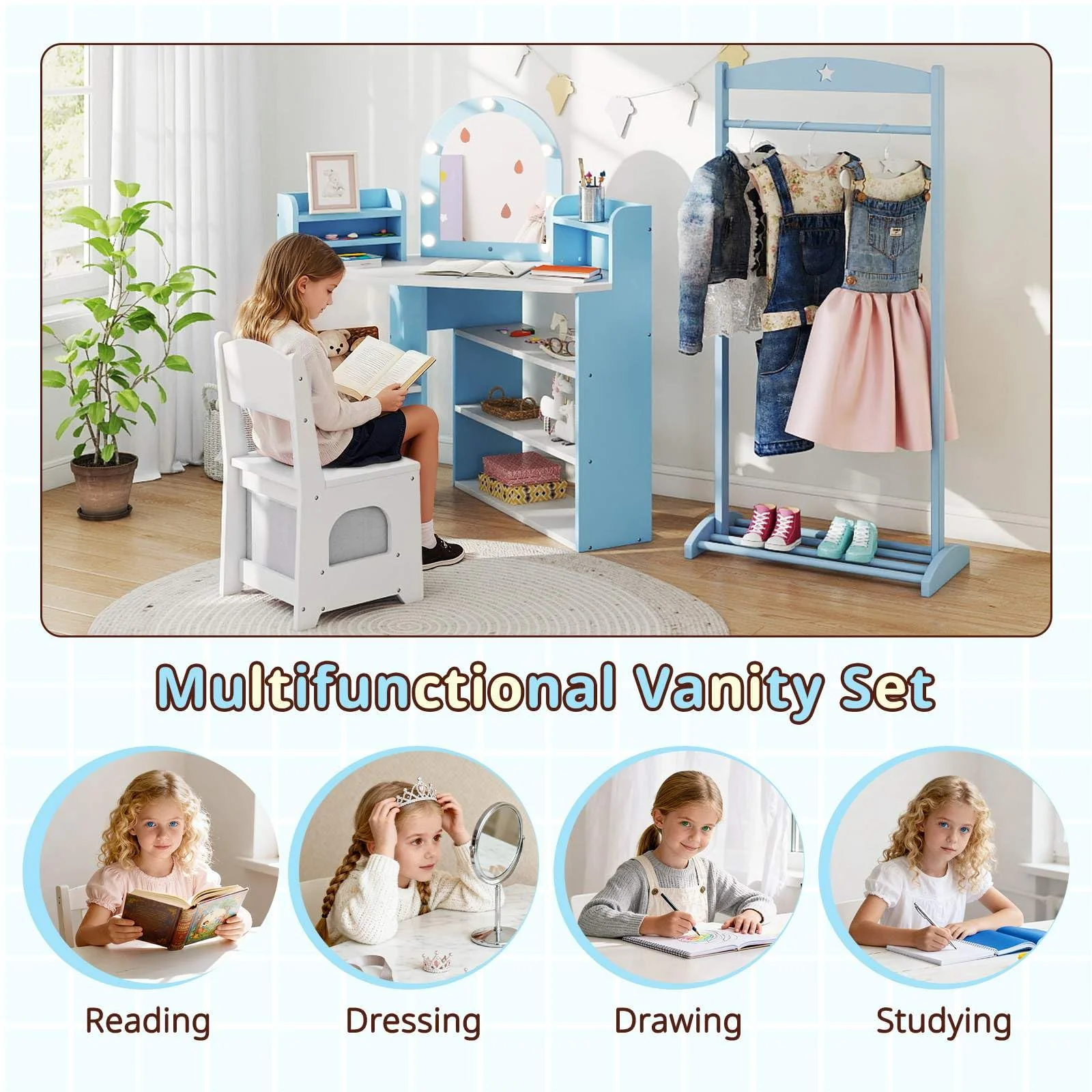 HONEY JOY Corner Kids Vanity with Lights, Princess Vanity Table & Chair Set - Image 7
