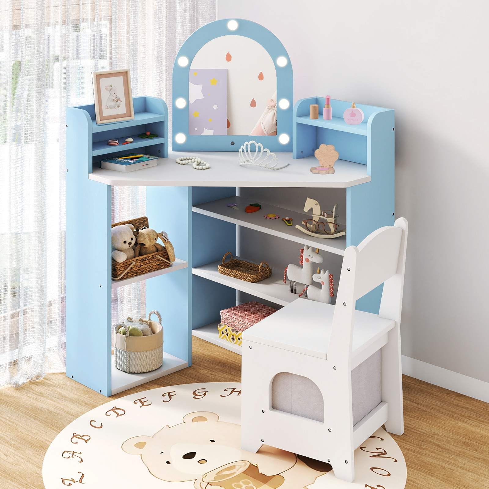 HONEY JOY Corner Kids Vanity with Lights, Princess Vanity Table & Chair Set - Image 8