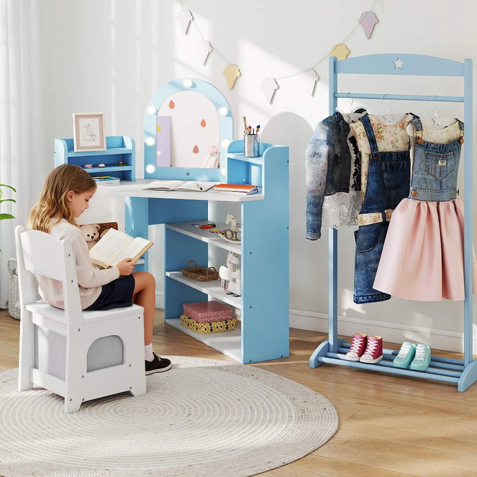 HONEY JOY Corner Kids Vanity with Lights, Princess Vanity Table & Chair Set - Image 9