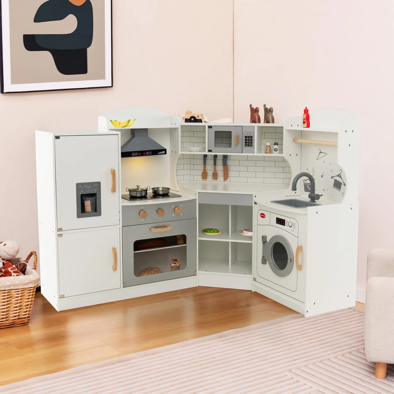 HONEY JOY Corner Play Kitchen, Toddler Kitchen Playset - Image 3