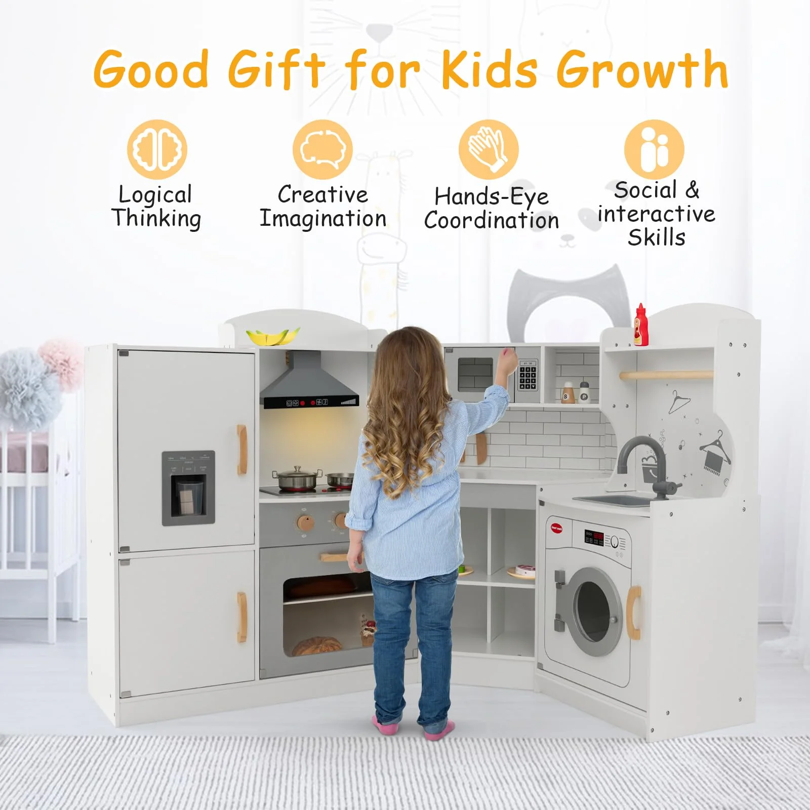 HONEY JOY Corner Play Kitchen, Toddler Kitchen Playset - Image 9