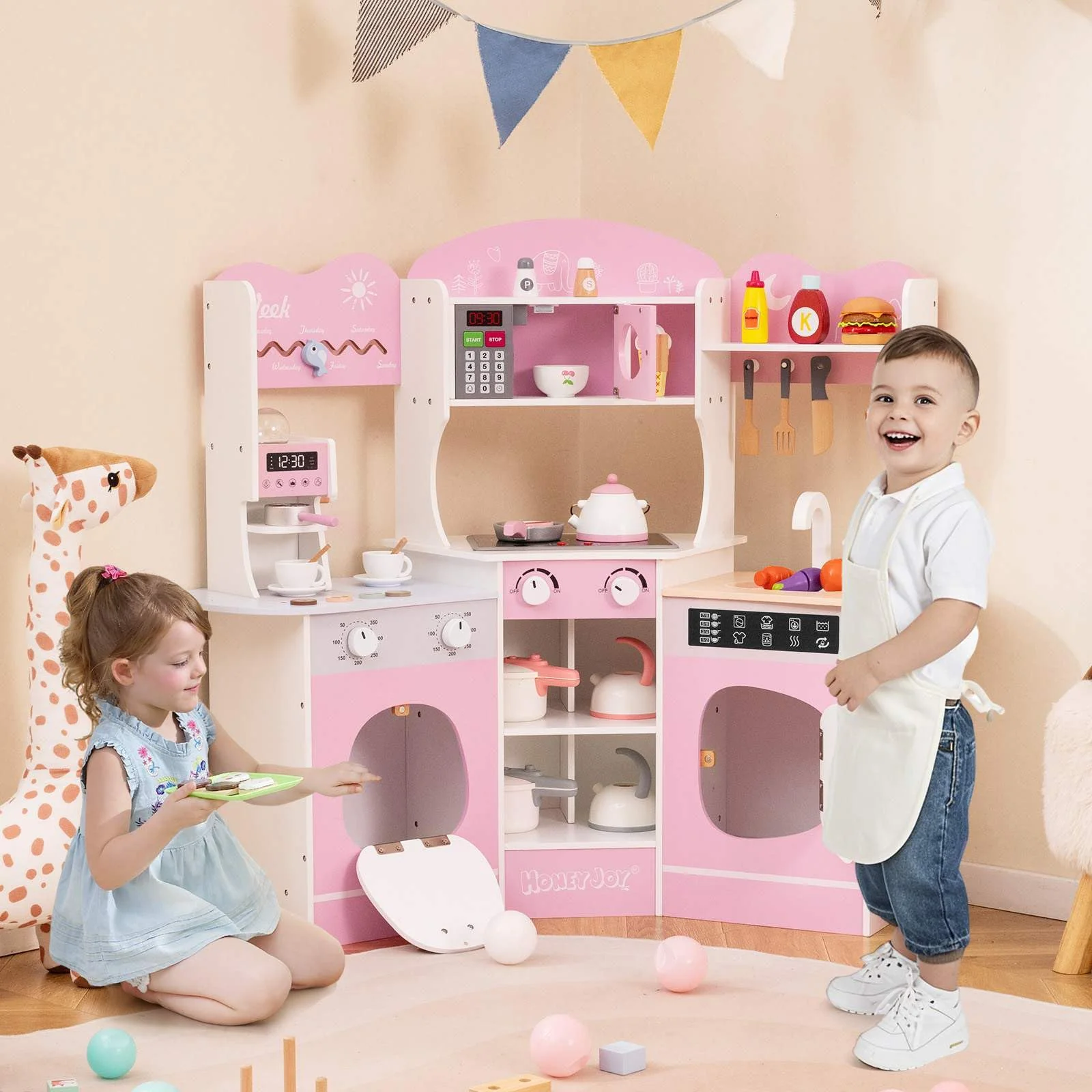 HONEY JOY Corner Wooden Play Kitchen, 18 PCS Pretend Kitchen Playset w/Coffee Machine - Image 10
