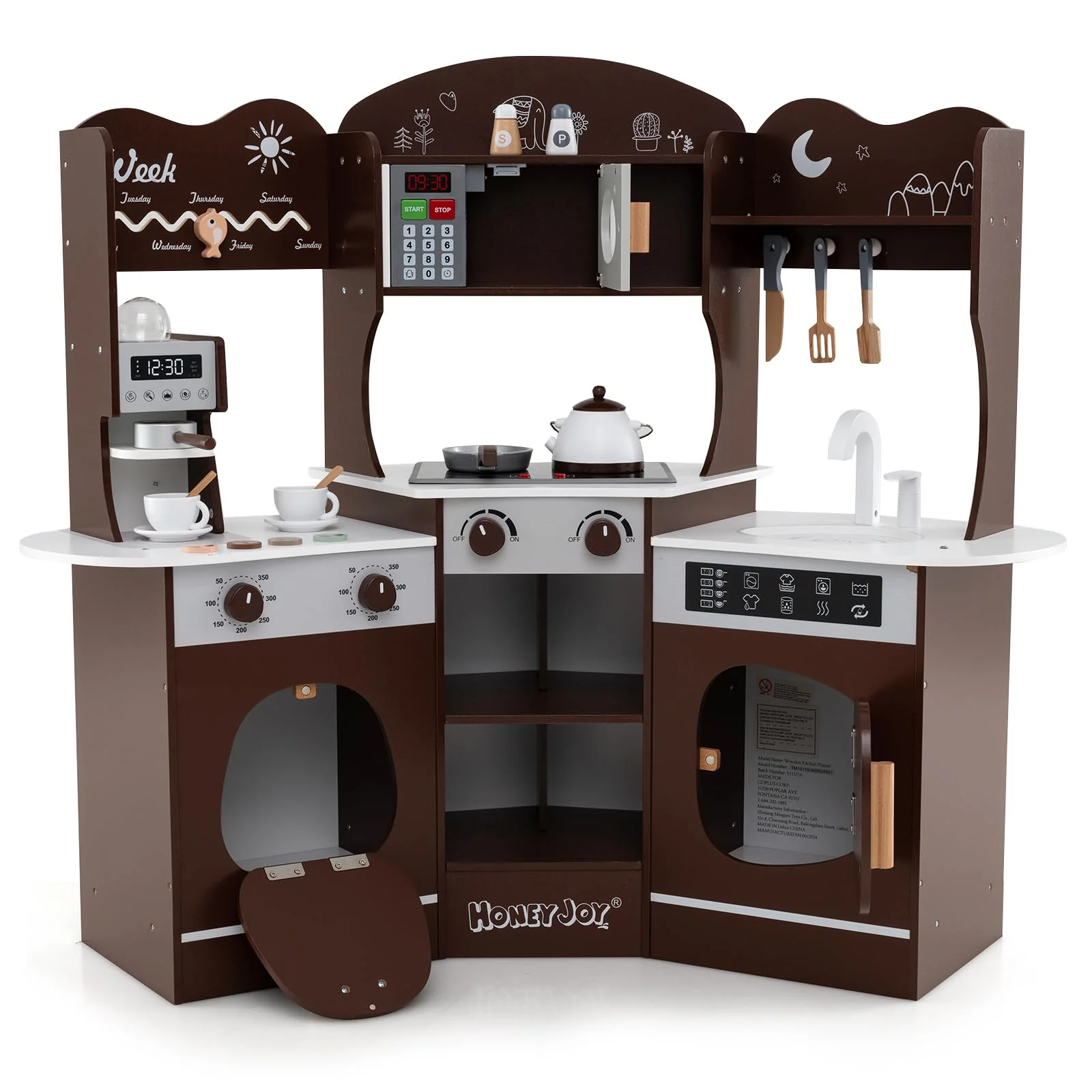HONEY JOY Corner Wooden Play Kitchen, 18 PCS Pretend Kitchen Playset w/Coffee Machine - Image 11