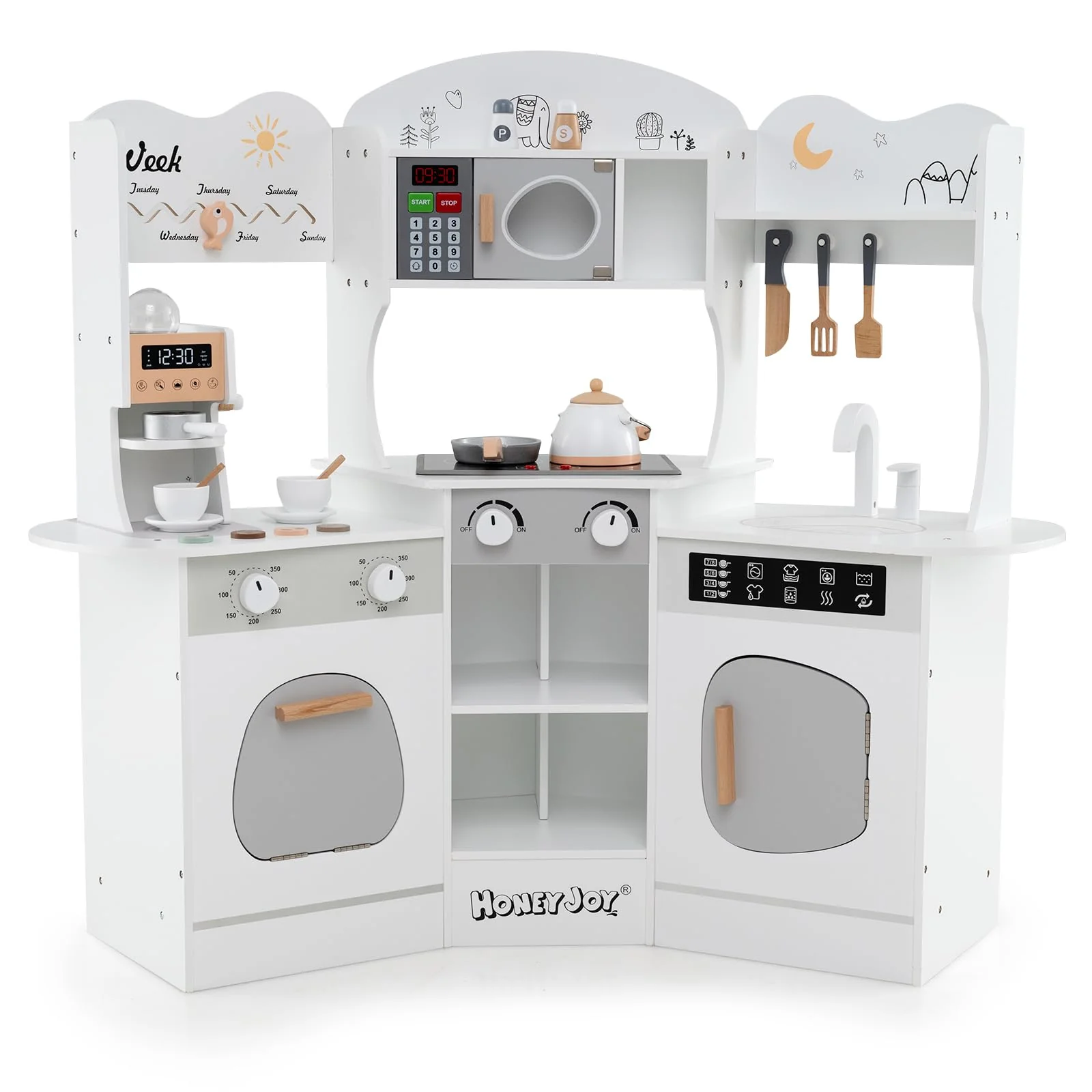HONEY JOY Corner Wooden Play Kitchen, 18 PCS Pretend Kitchen Playset w/Coffee Machine - Image 12