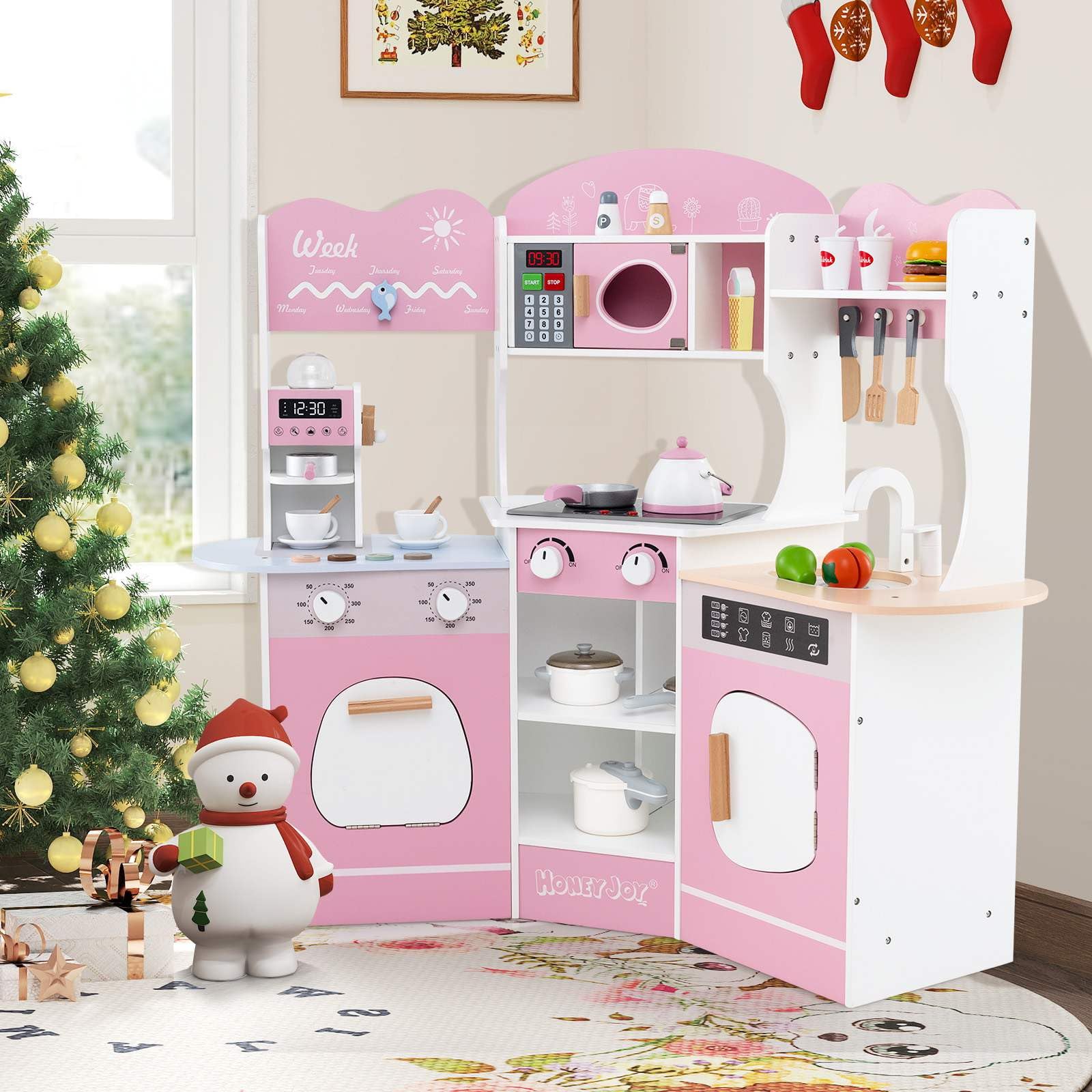 HONEY JOY Corner Wooden Play Kitchen, 18 PCS Pretend Kitchen Playset w/Coffee Machine - Image 2