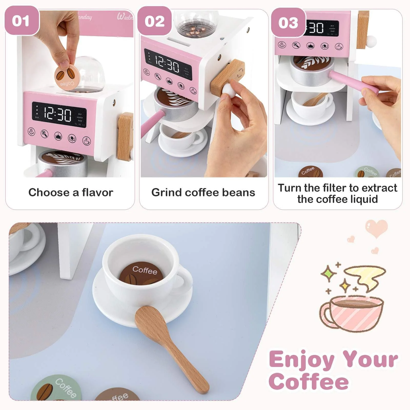 HONEY JOY Corner Wooden Play Kitchen, 18 PCS Pretend Kitchen Playset w/Coffee Machine - Image 3