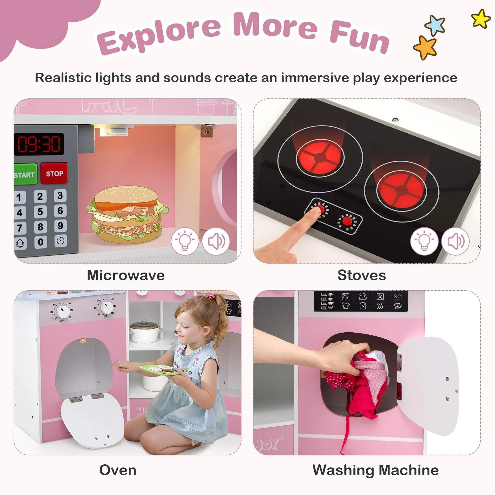 HONEY JOY Corner Wooden Play Kitchen, 18 PCS Pretend Kitchen Playset w/Coffee Machine - Image 4