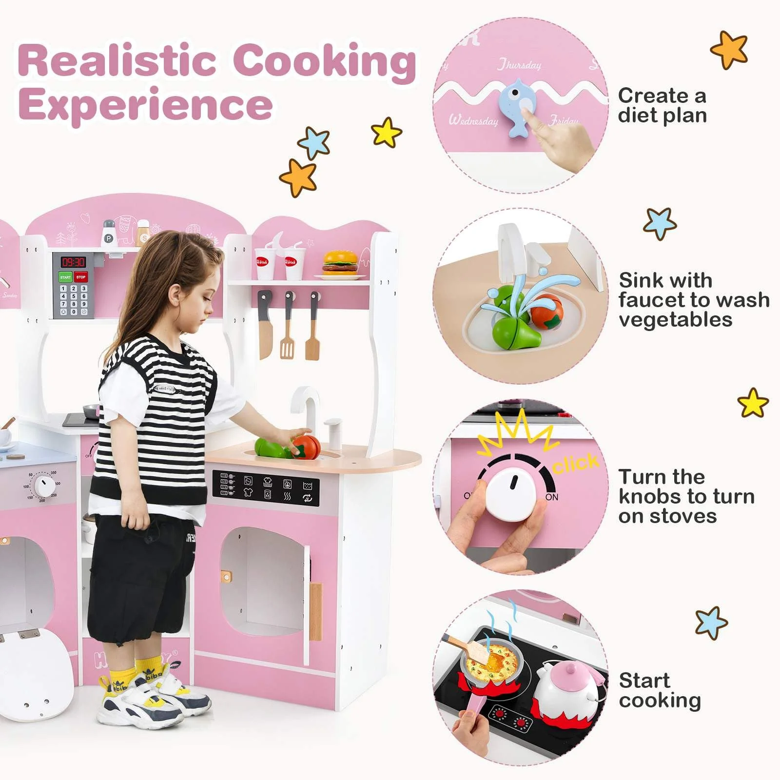 HONEY JOY Corner Wooden Play Kitchen, 18 PCS Pretend Kitchen Playset w/Coffee Machine - Image 5