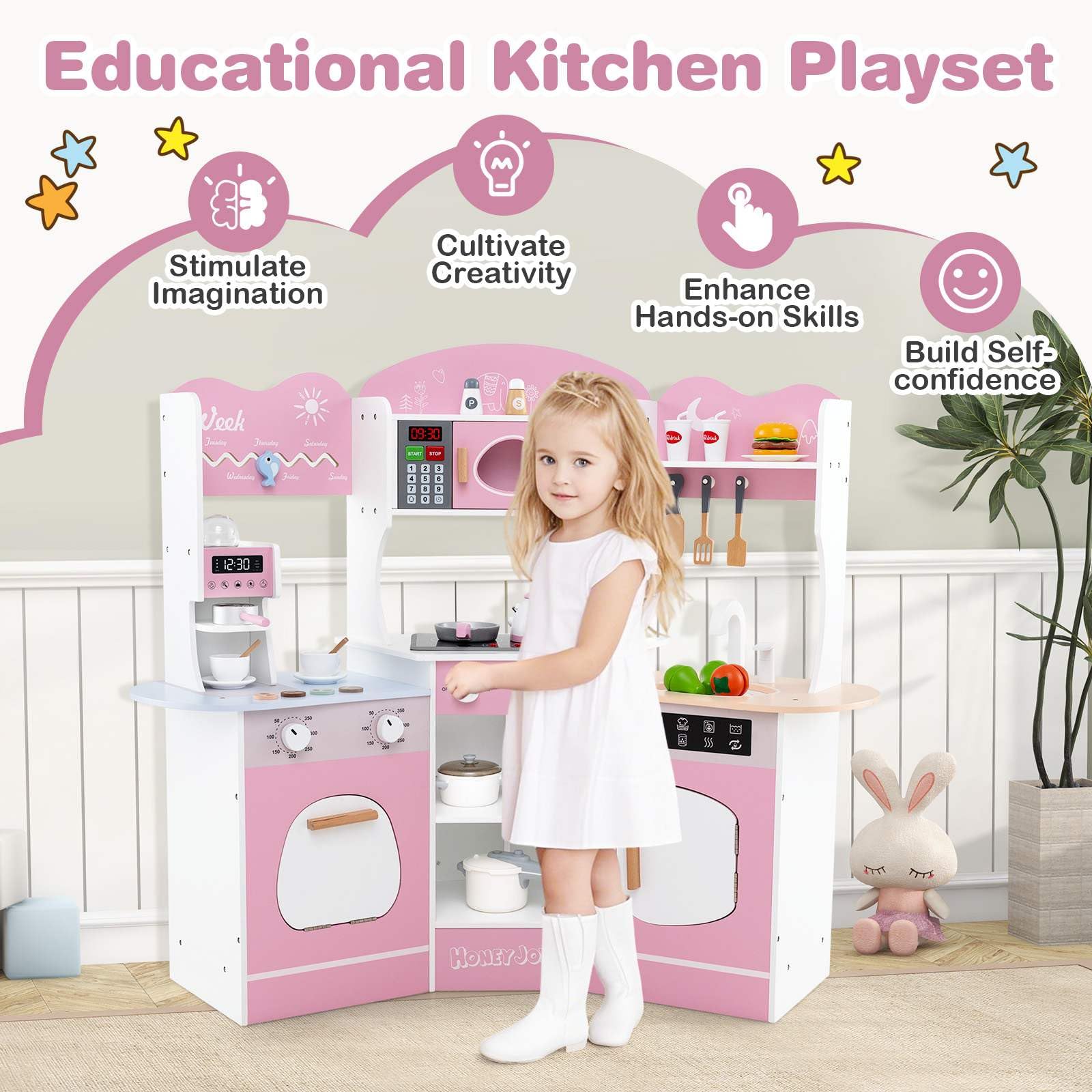 HONEY JOY Corner Wooden Play Kitchen, 18 PCS Pretend Kitchen Playset w/Coffee Machine - Image 6